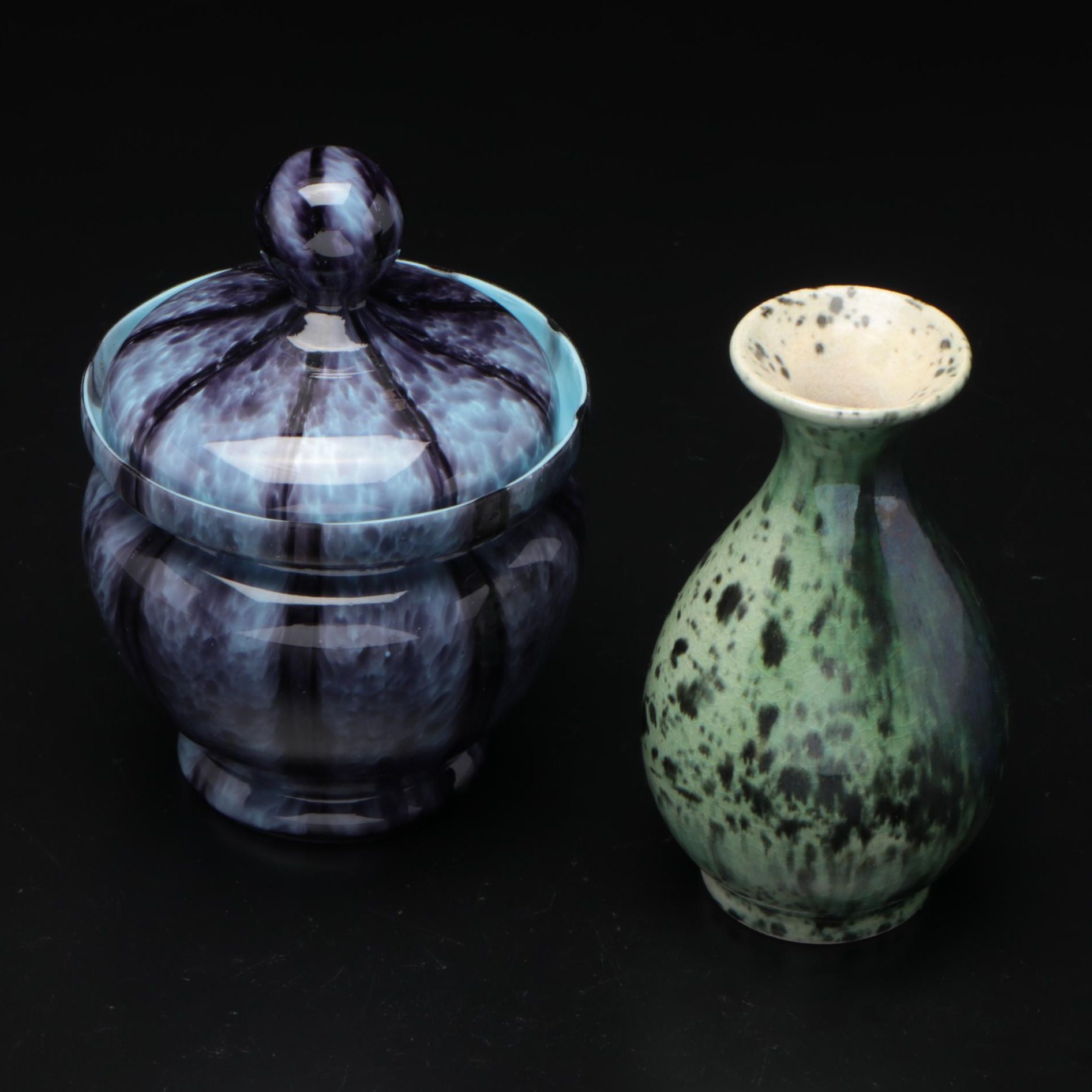 Czechoslovakian Art Deco Spatter Glass Condiment Jar and Other Bud Vase