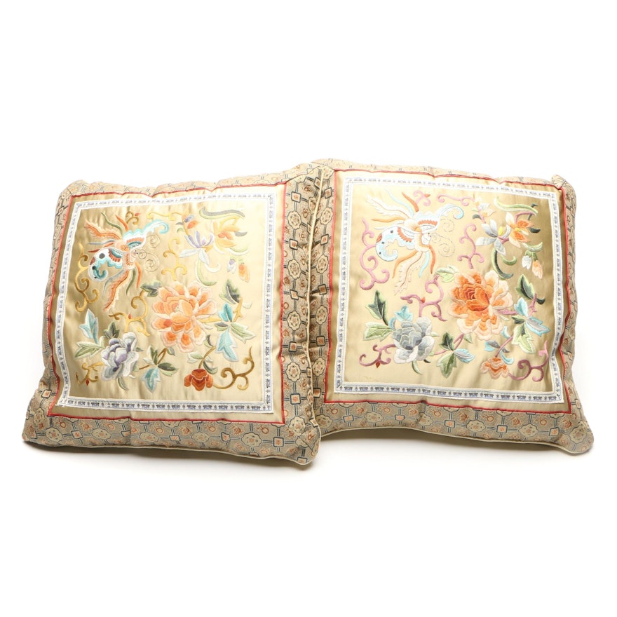 Chinese Embroidered Silk Accent Pillows, Late 20th Century