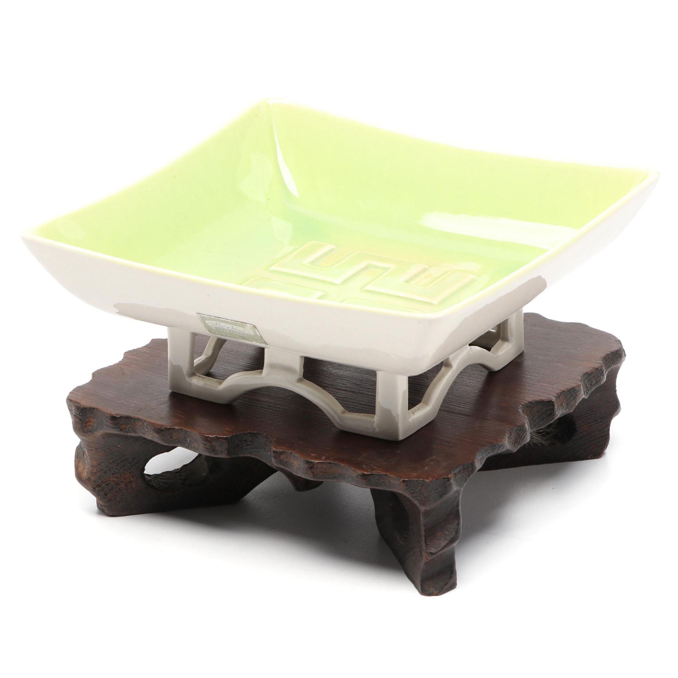 Roselane "Chinese Key" Ceramic Dish with Wooden Base, Mid-20th Century