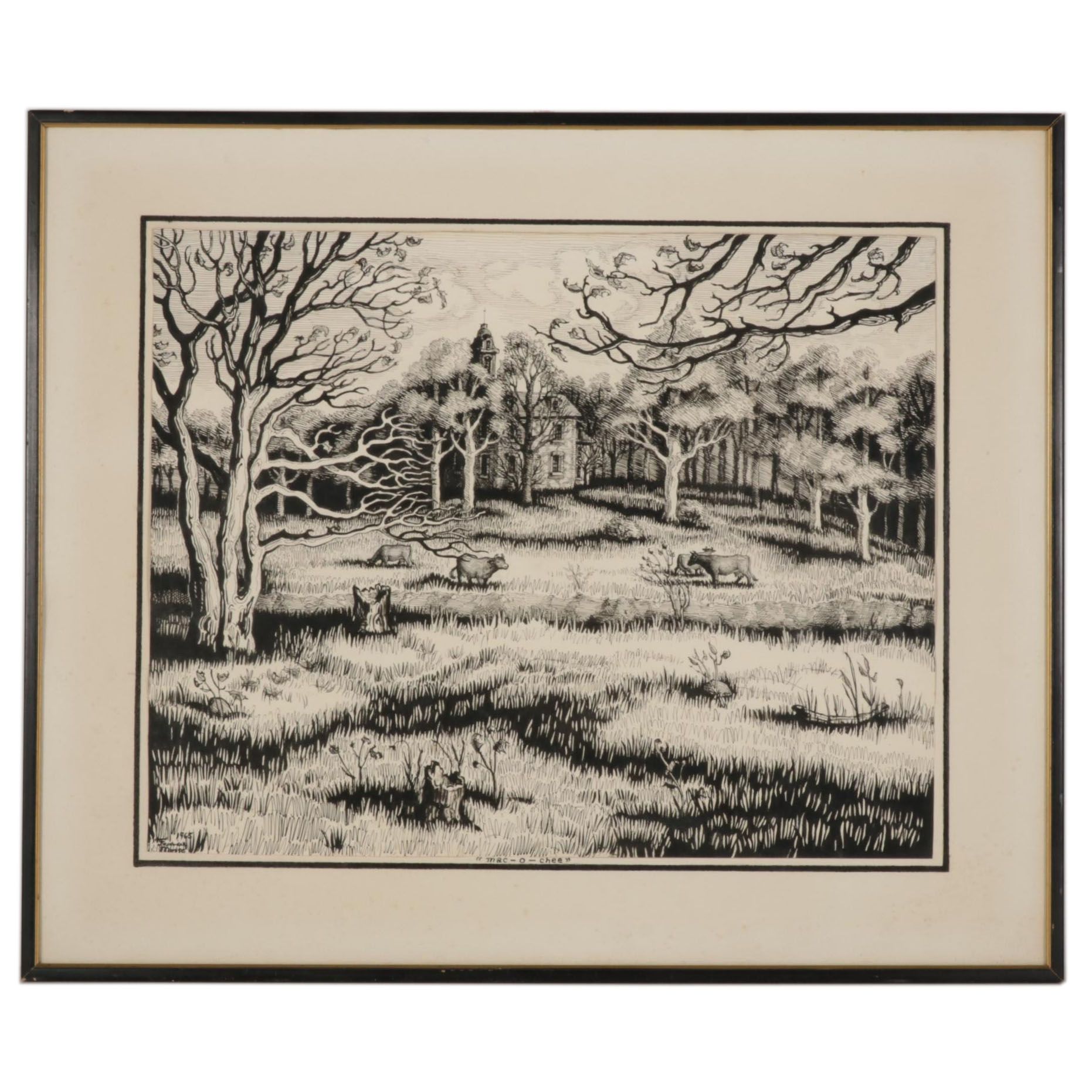 Francis Mosse Landscape Ink Drawing "Mac-o-Chee," 1965