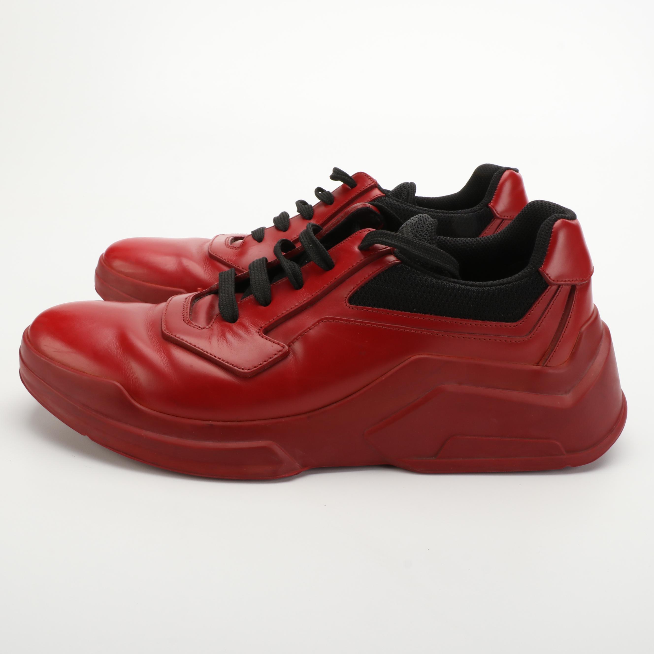 Men's Prada Brutalist-Monochromatic Sneakers in Red Spazzolato Leather