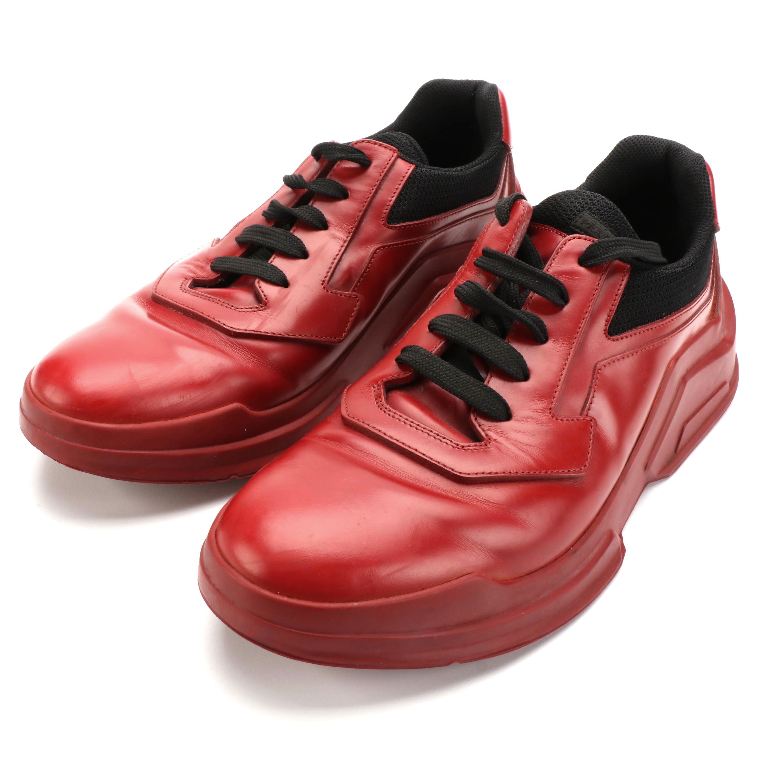 Men's Prada Brutalist-Monochromatic Sneakers in Red Spazzolato Leather