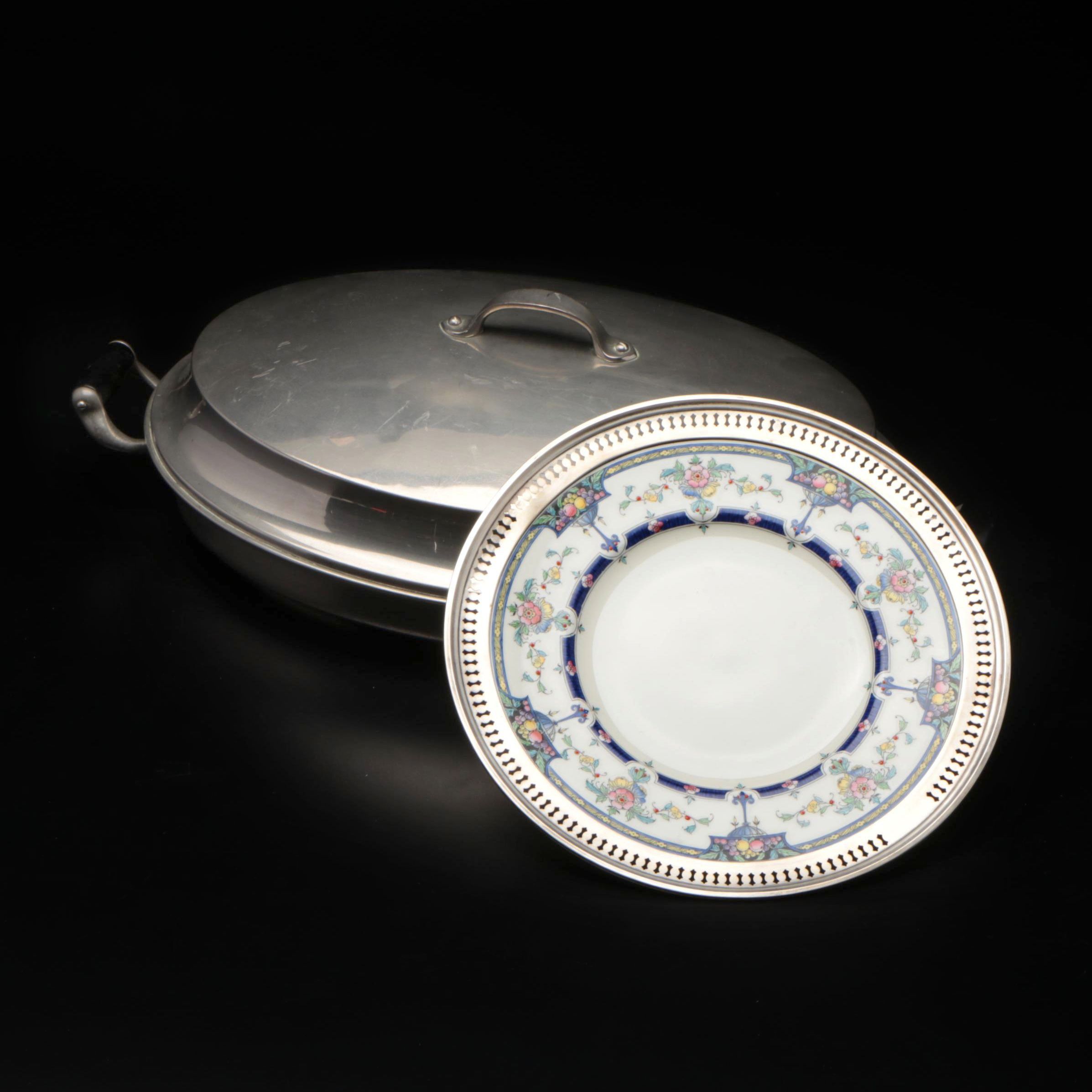 Buffalo MFG Silver Plate and Porcelain Warming Dish with Royal Worchester Plate