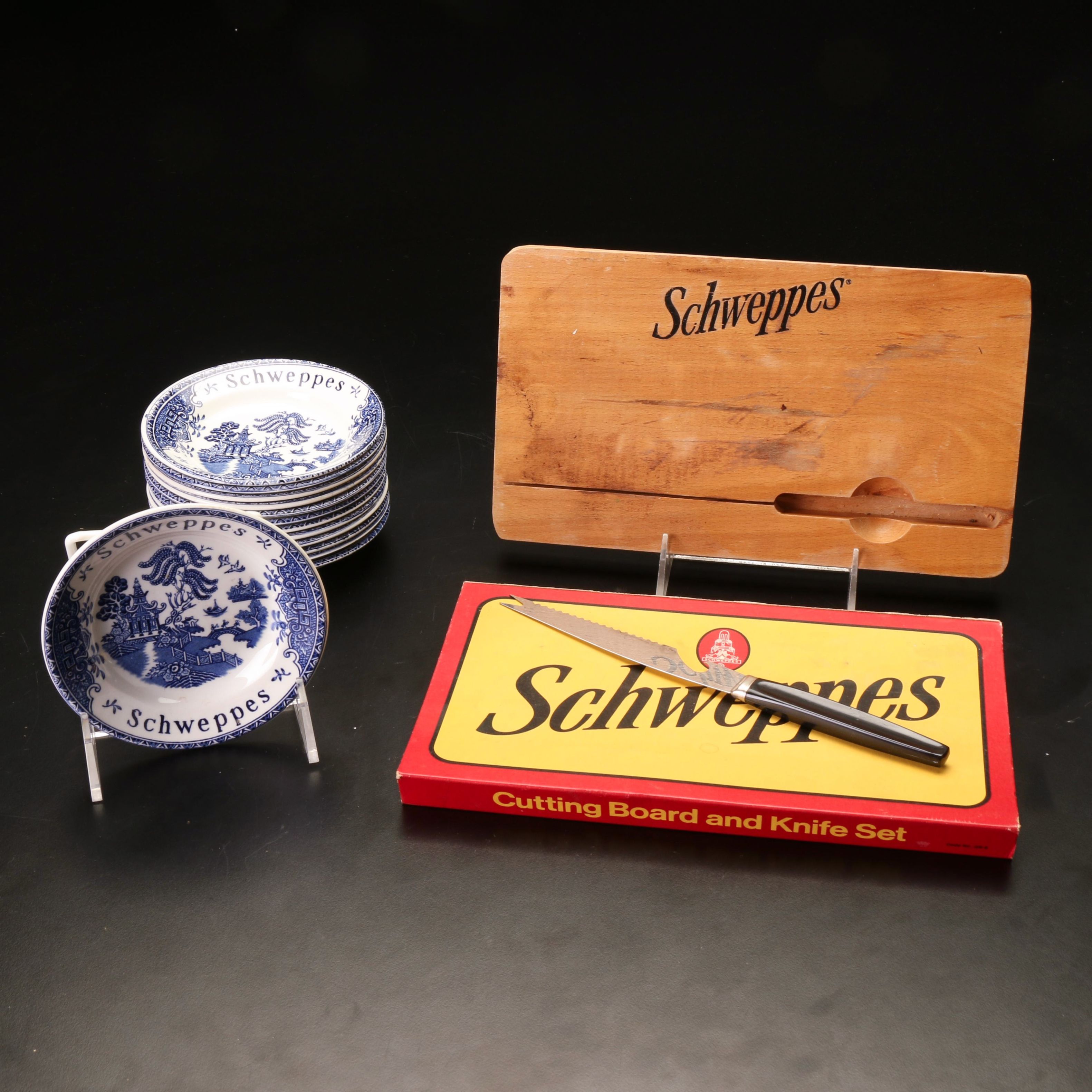 Schweppes Glasses, Cutting Board and Kitchen Knife and Wedgwood Coasters