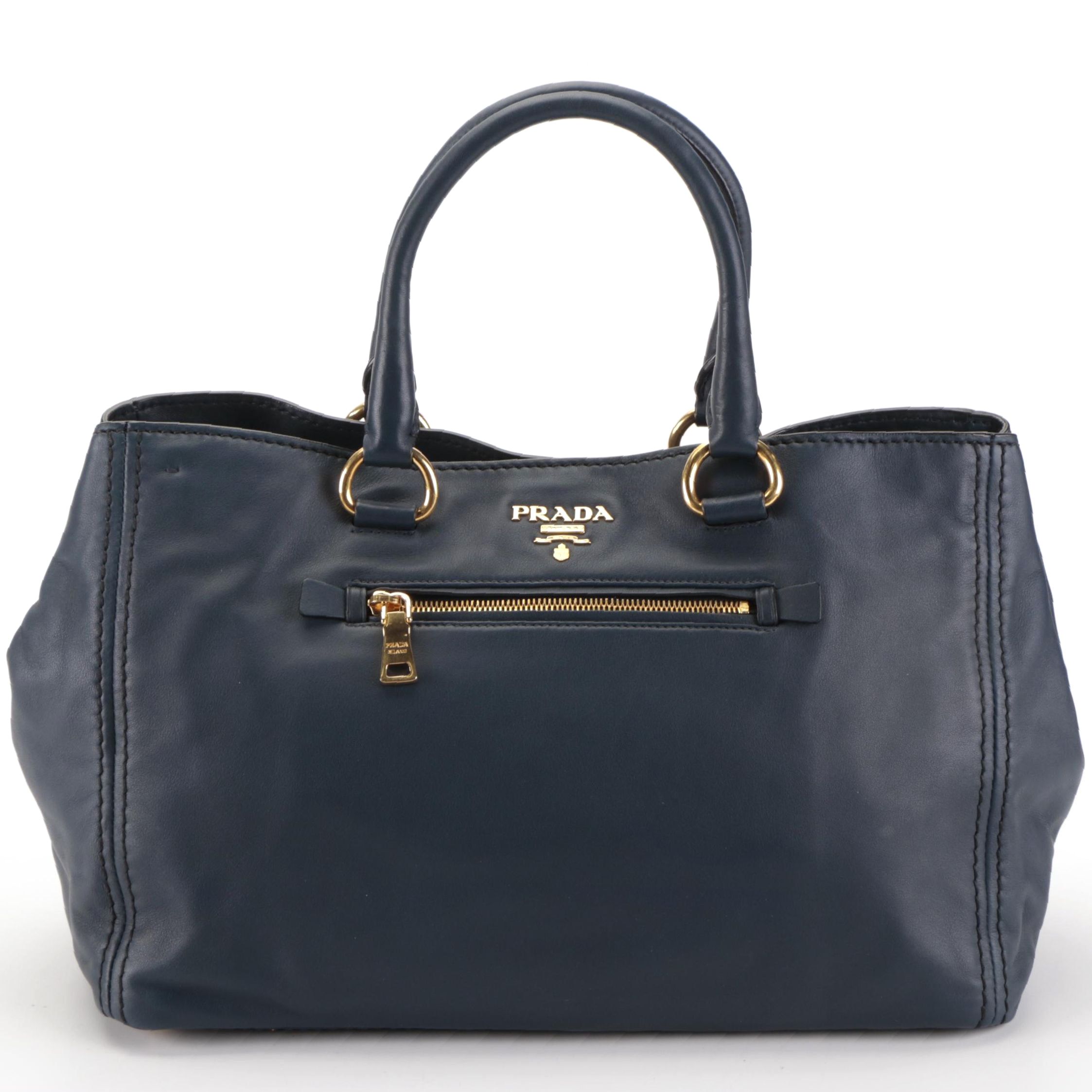 Prada Large Convertible Front-Pocket Tote in Dark Blue Calfskin Leather