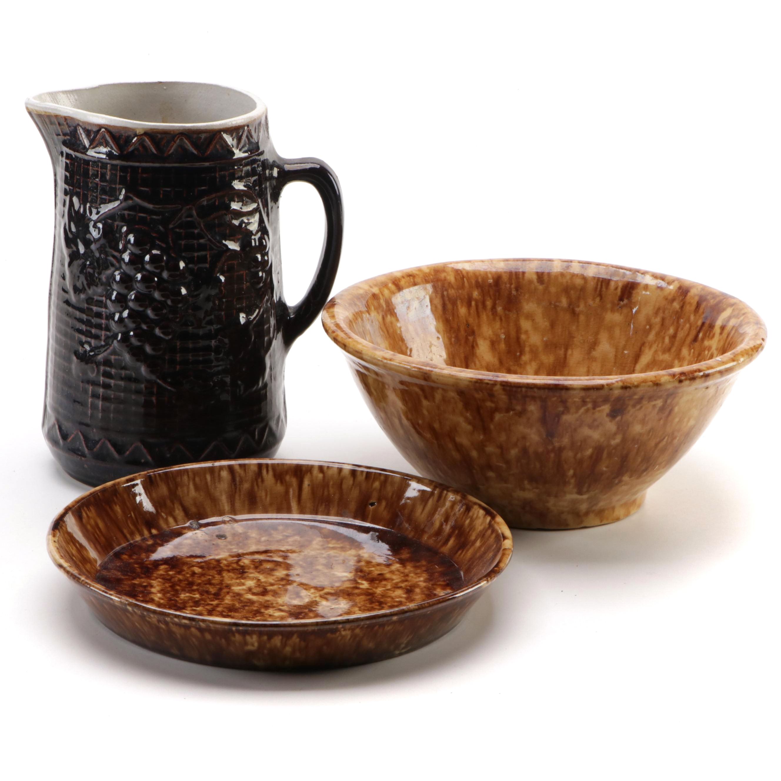 North Star Stoneware Co. Grape Trellis Pitcher with Brown Spongeware Bakeware