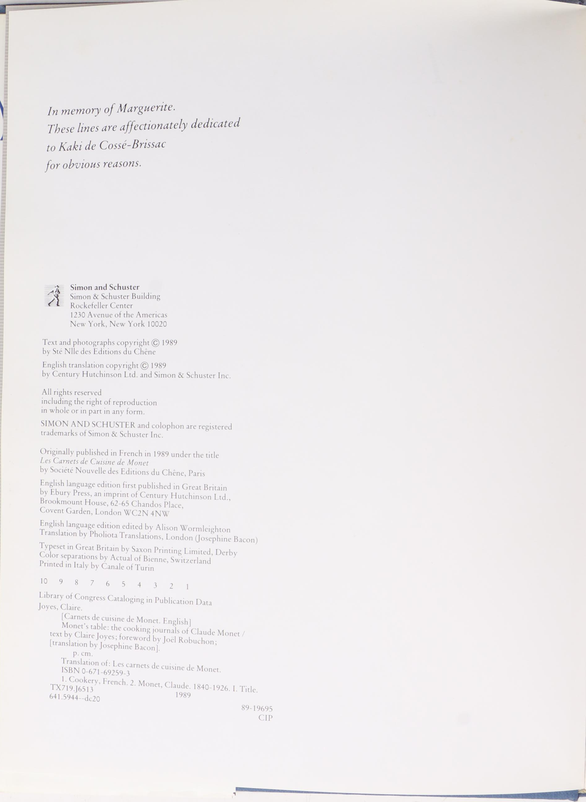 "Monet’s Table: The Cooking Journals of Claude Monet" by Claire Joyes, 1989