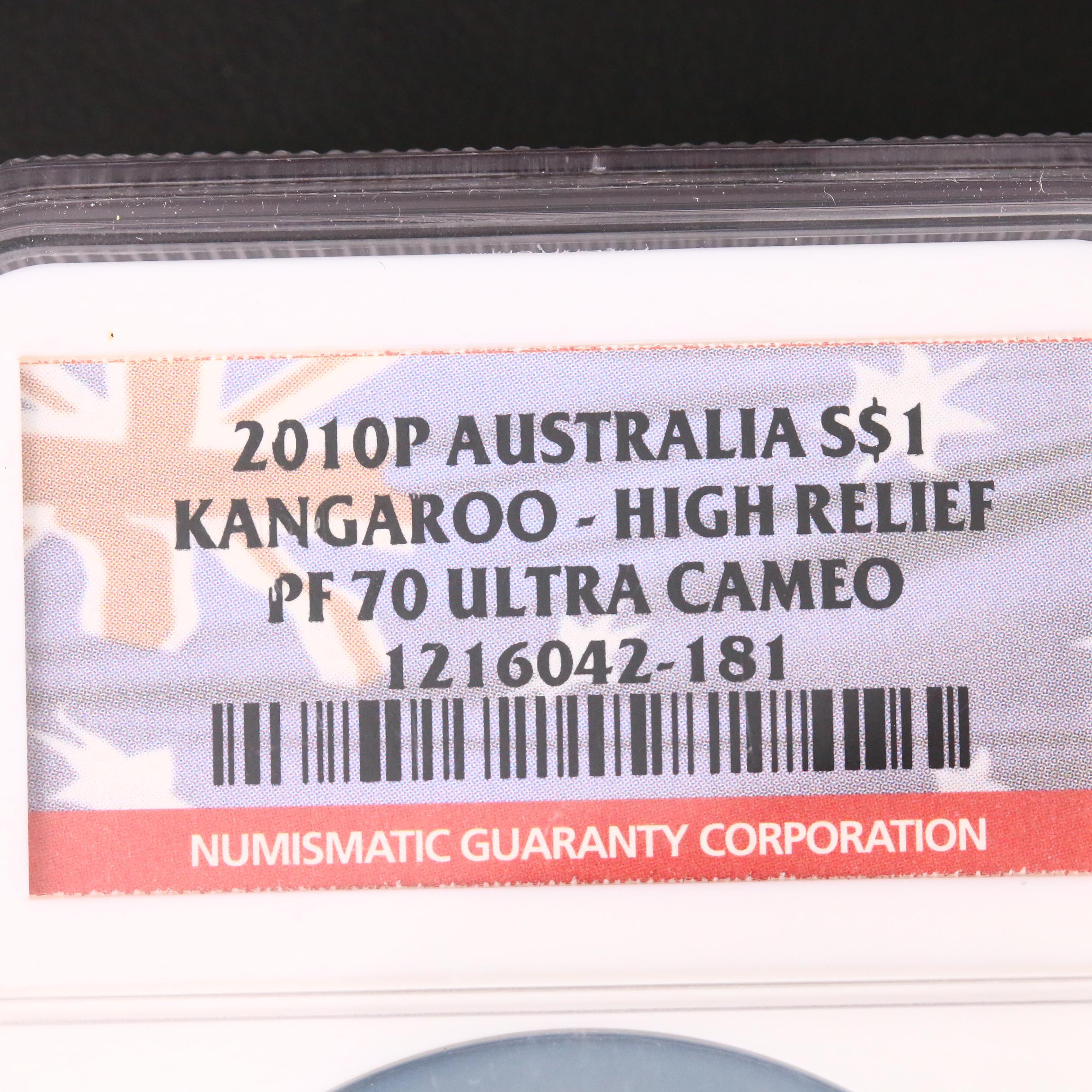 NGC Graded PF70 Ultra Cameo 2010-P Australia $1 Kangaroo High Relief Silver Coin