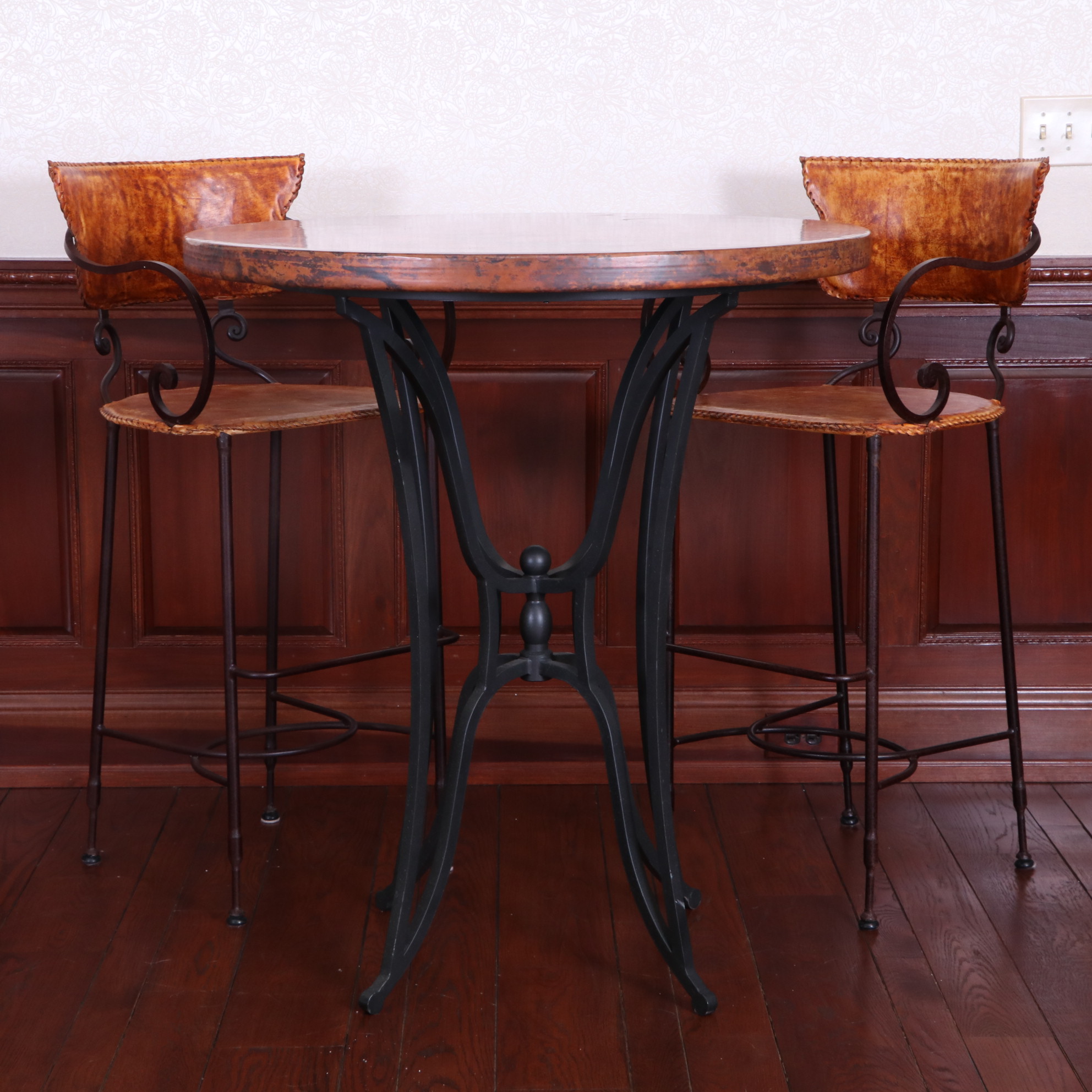 Arhaus "Kenya" Copper Top Bar Table with Leather Cafe Stools
