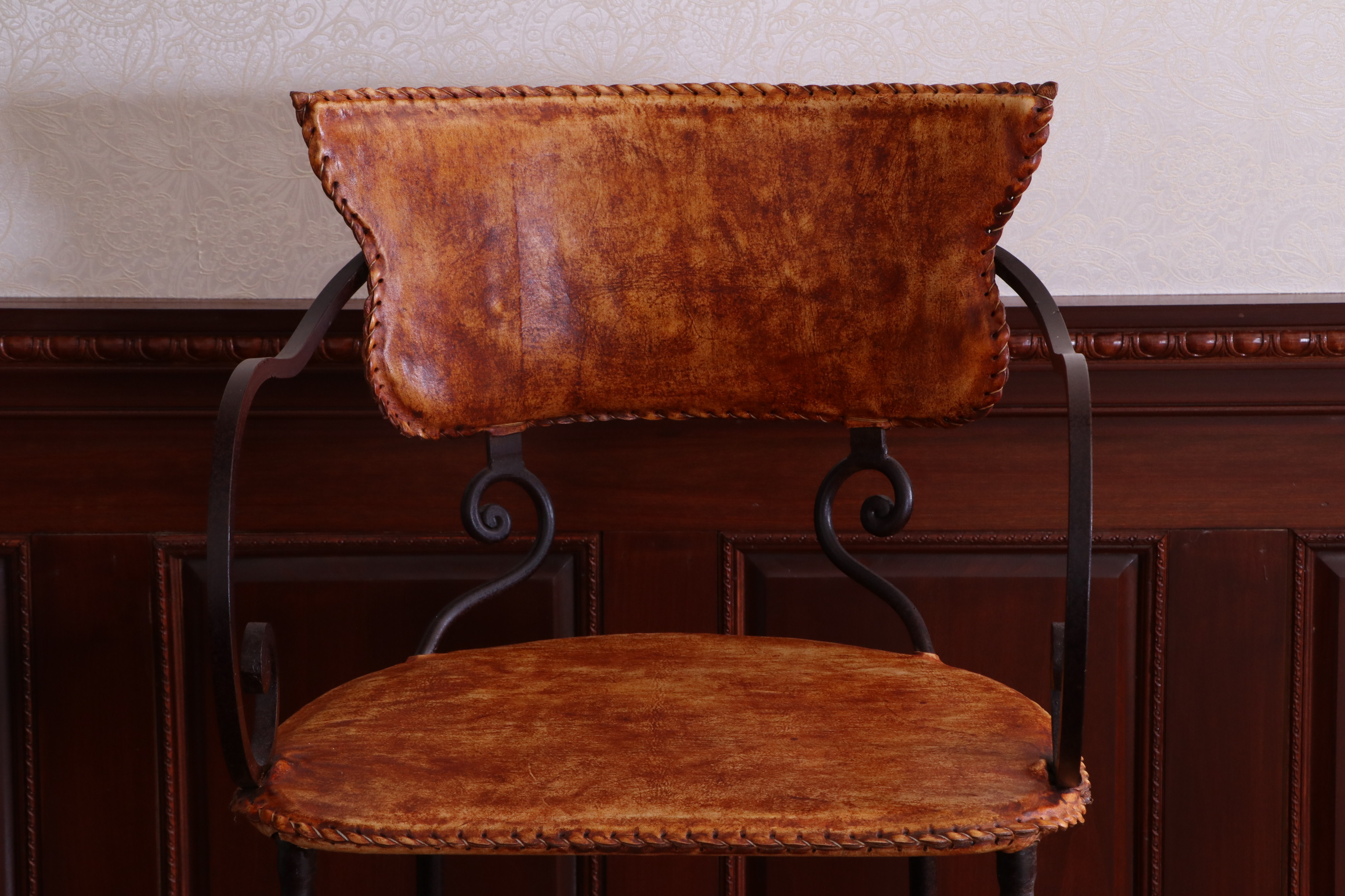 Arhaus "Kenya" Copper Top Bar Table with Leather Cafe Stools