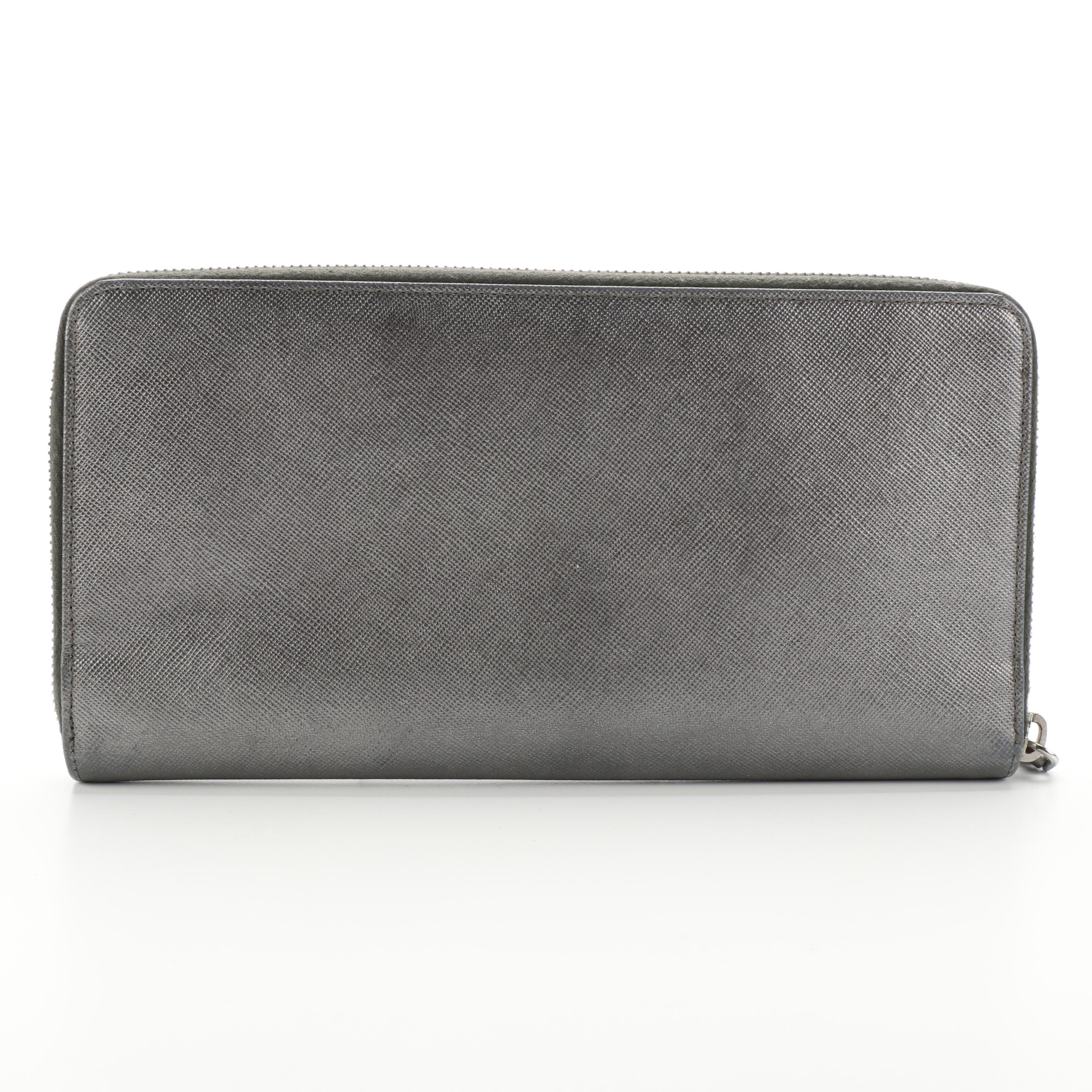 Prada Zip-Around Long Organizer Wallet in Dark Silver Saffiano Leather