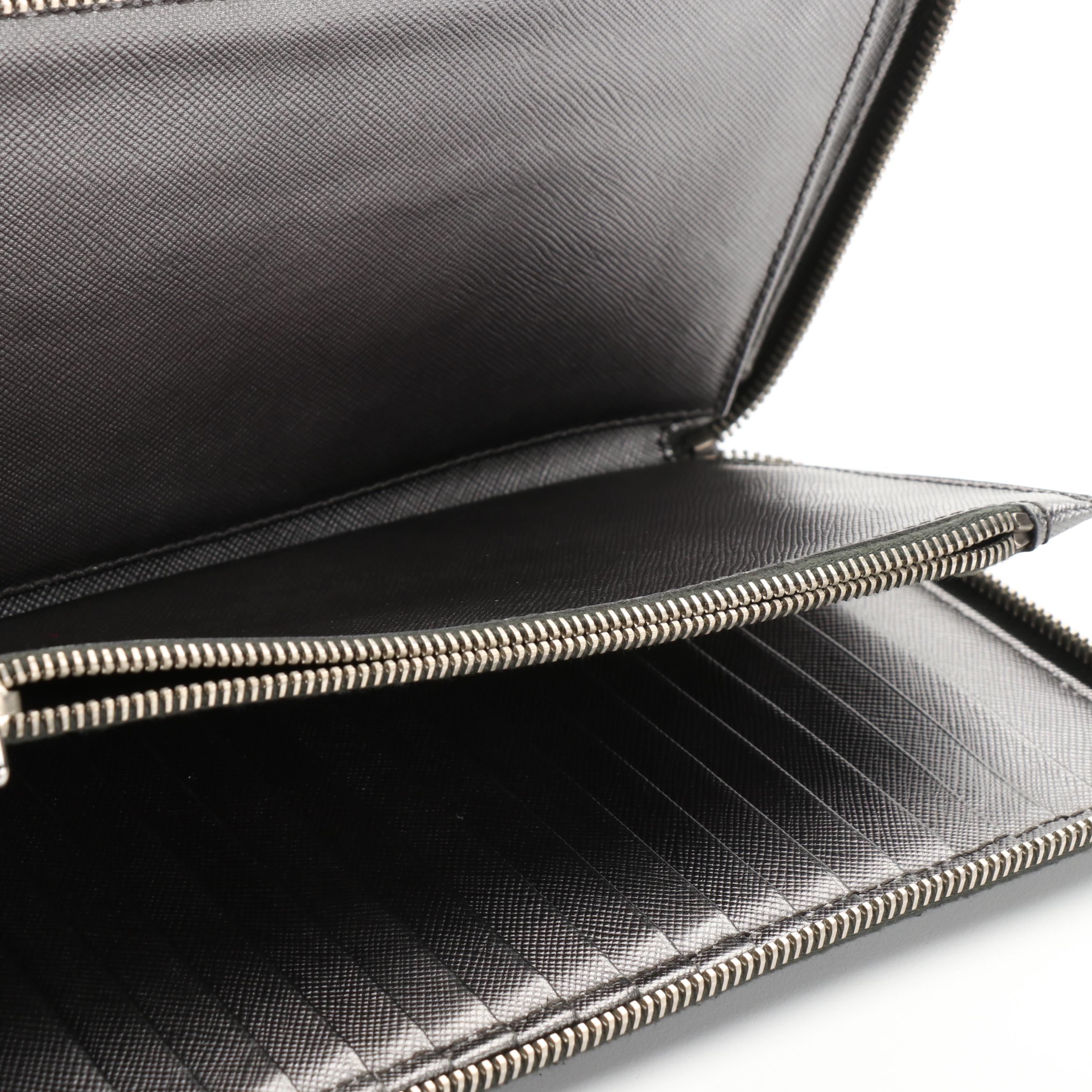 Prada Zip-Around Long Organizer Wallet in Dark Silver Saffiano Leather