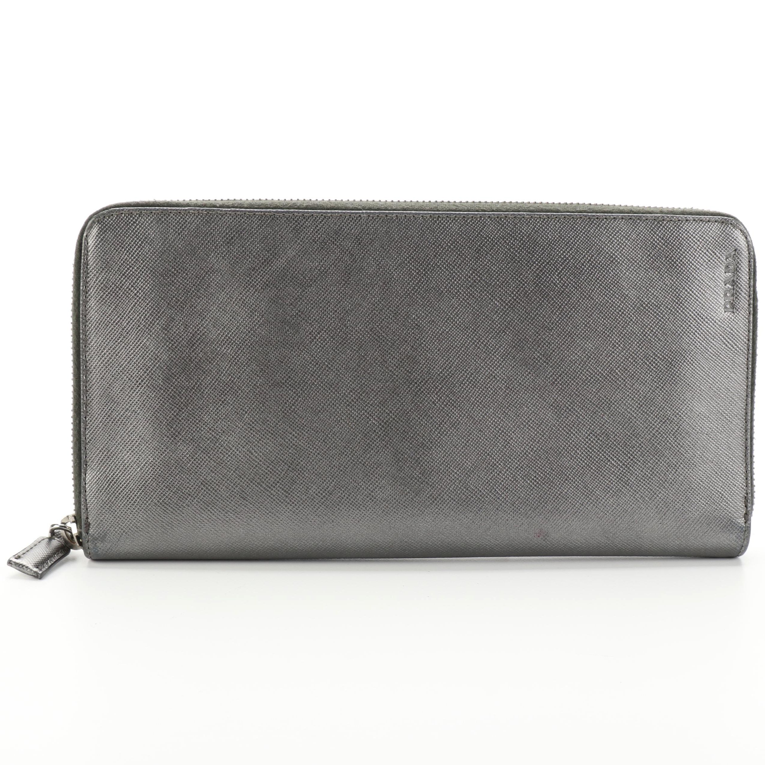 Prada Zip-Around Long Organizer Wallet in Dark Silver Saffiano Leather