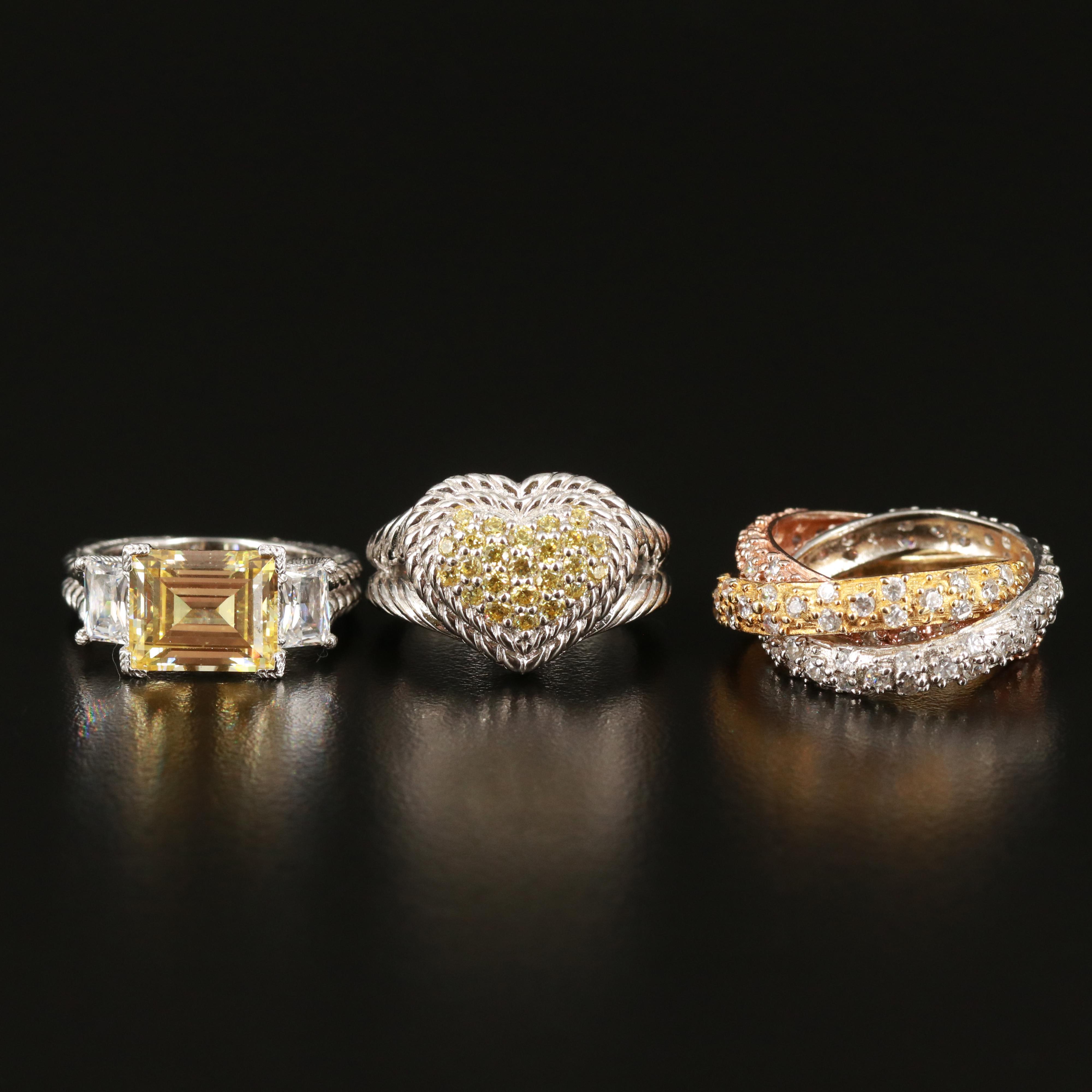 Judith Ripka Sterling Rings Including Tri-Color Rolling Ring