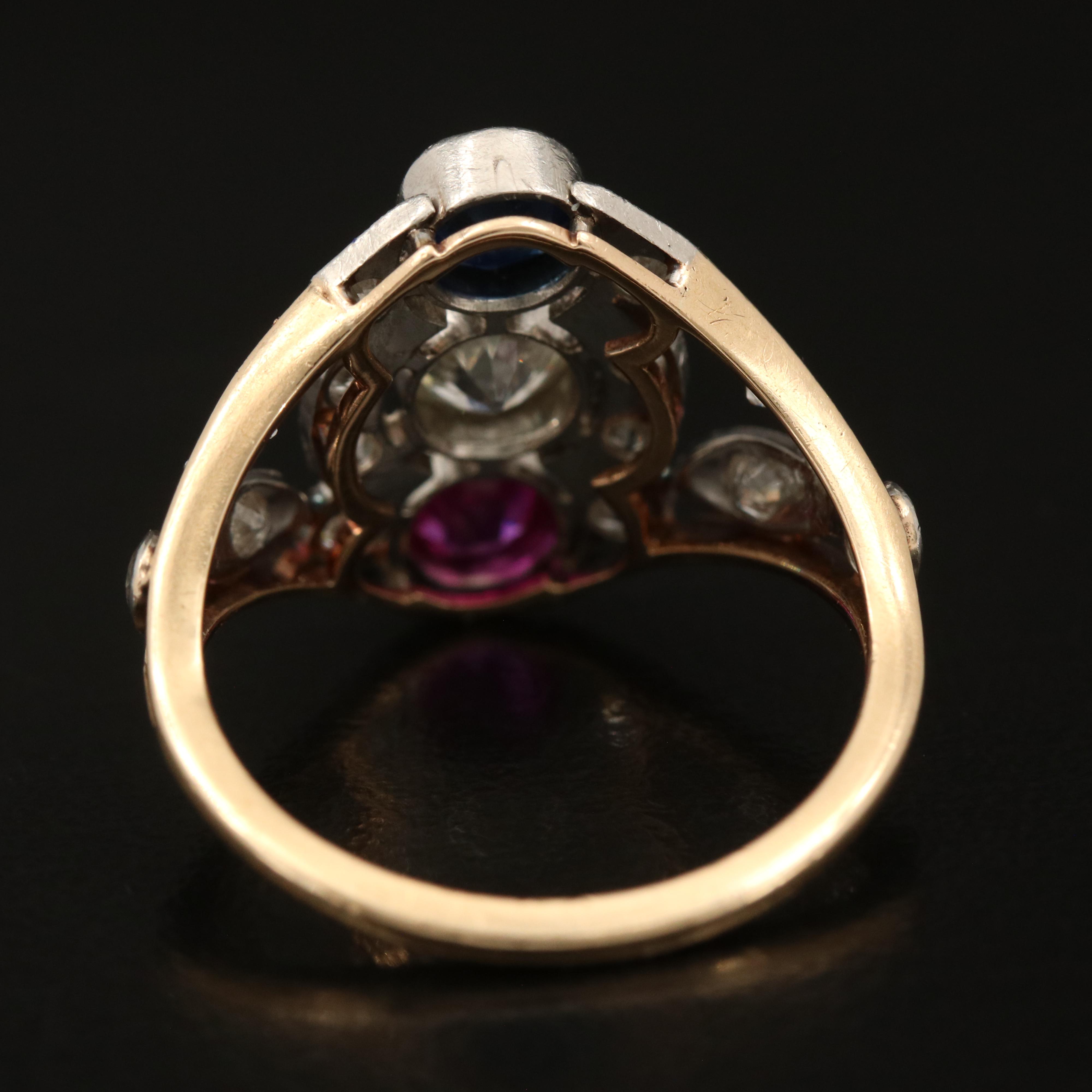 Early Art Deco WWI 14K and Platinum Diamond and Gemstone Patriotic Ring