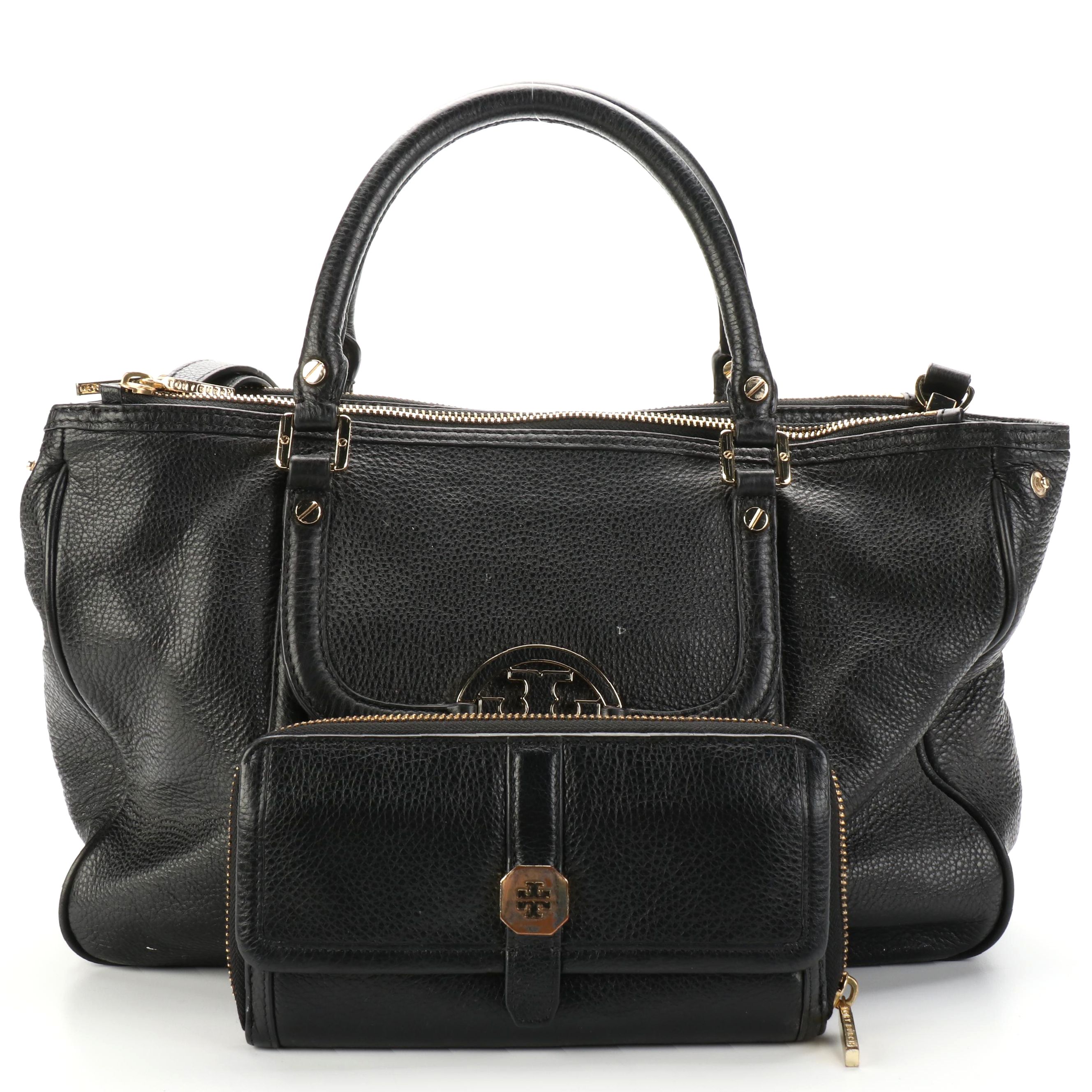 Tory Burch Amanda Satchel and Zip Wallet in Black Pebbled Leather