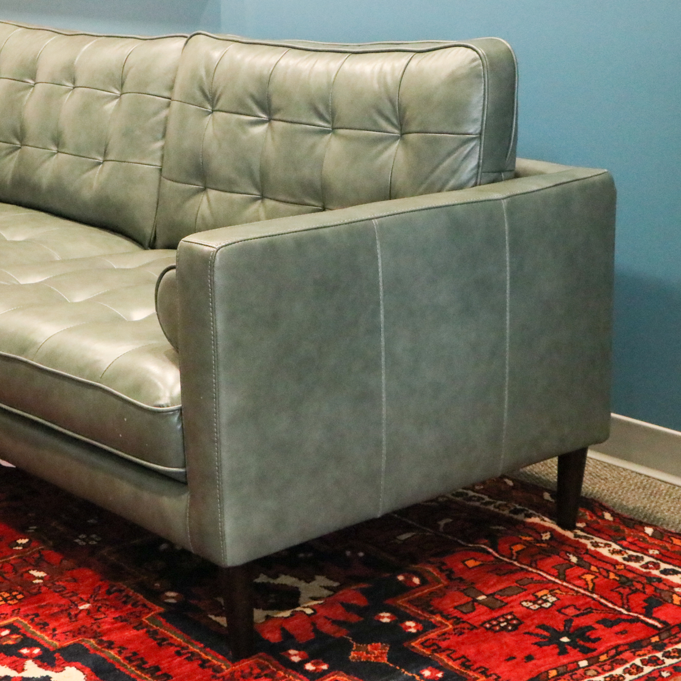 Trayton Furniture Co. Modernist Style Green Leather Sofa