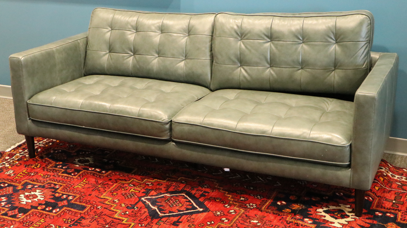 Trayton Furniture Co. Modernist Style Green Leather Sofa
