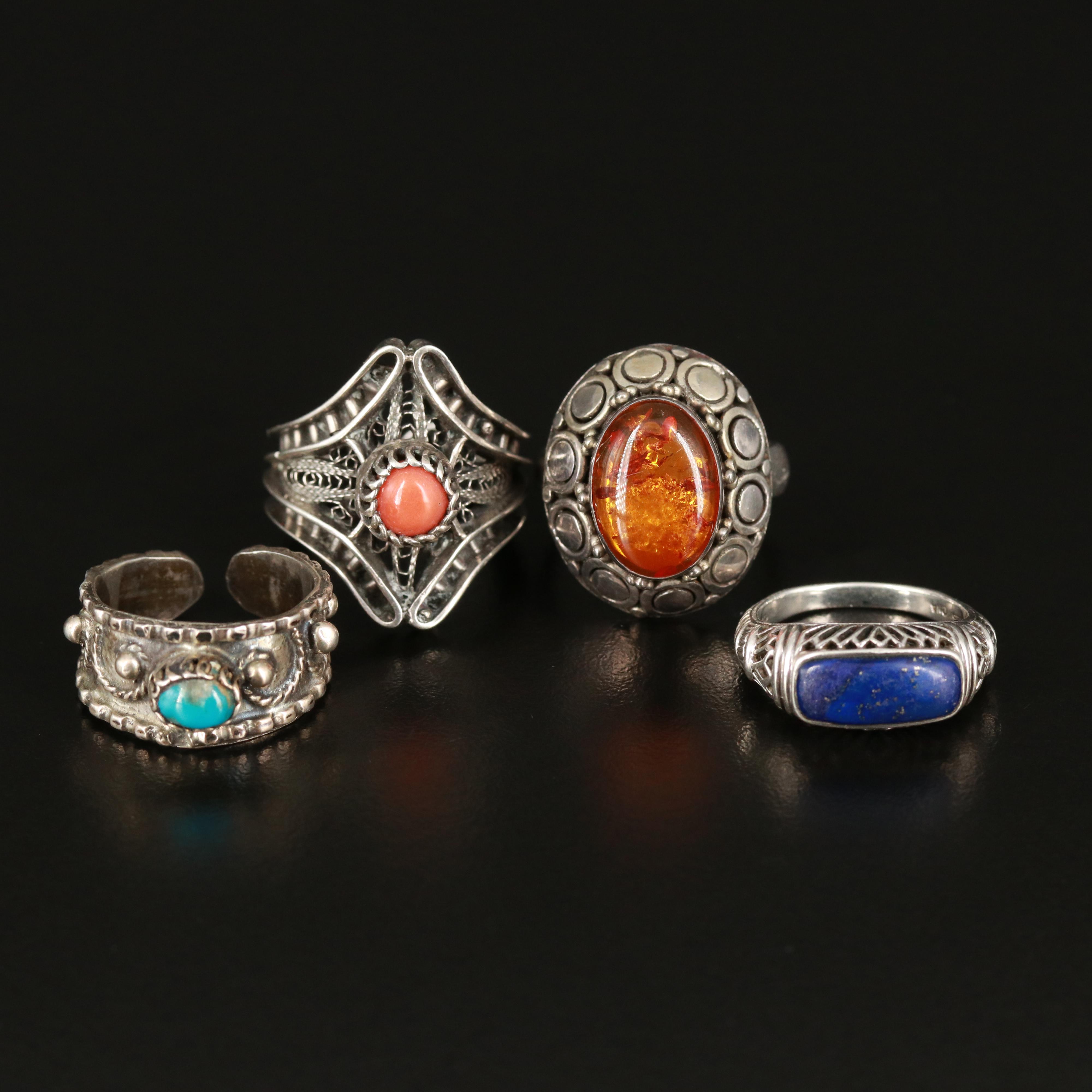 Sterling and Egyptian 800 Silver Rings Featuring Coral, Lapis Lazuli and Amber