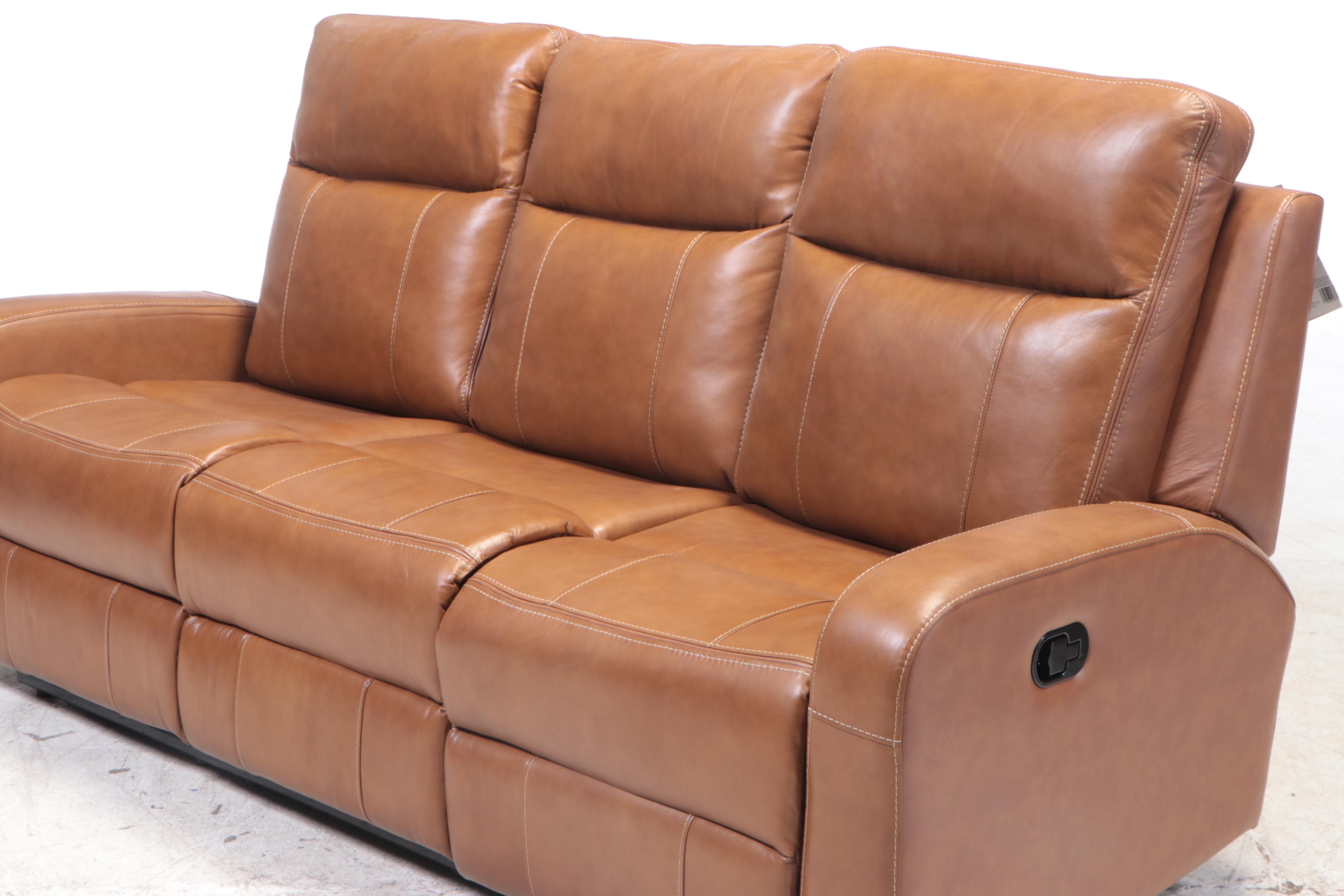 Member's Mark "Manhattan" Top-Grain Leather Reclining Sofa in Caramel