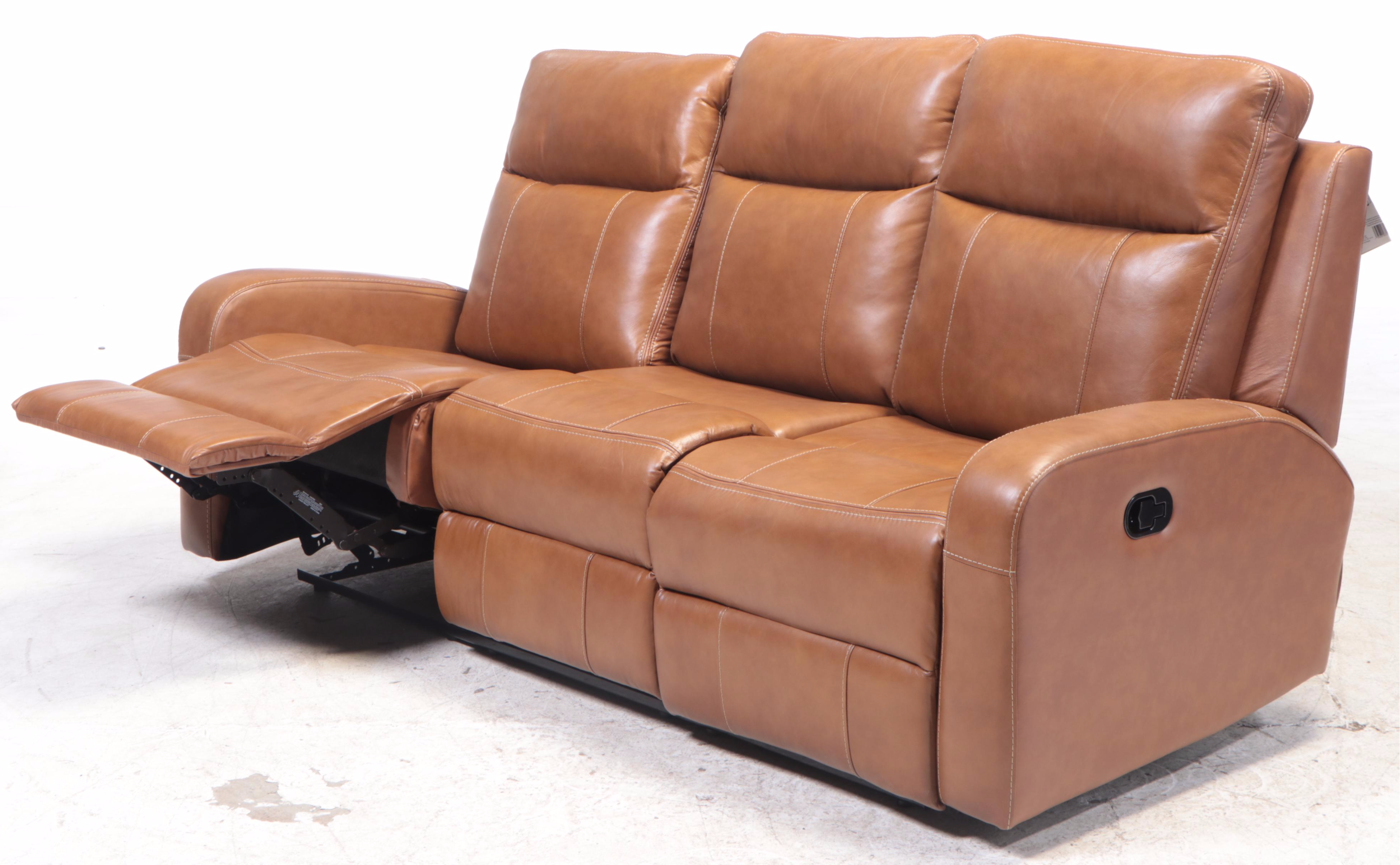 Member's Mark "Manhattan" Top-Grain Leather Reclining Sofa in Caramel