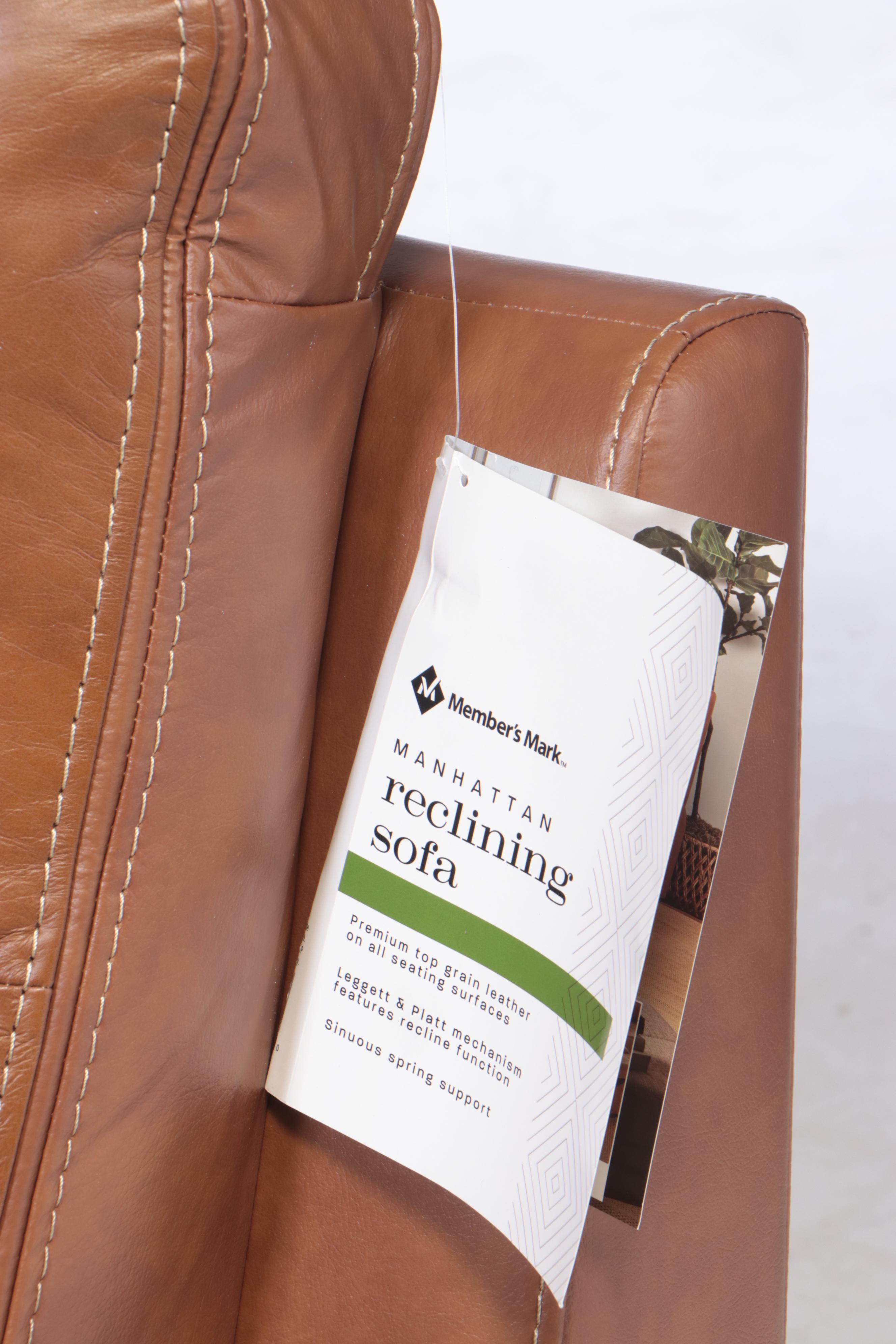 Member's Mark "Manhattan" Top-Grain Leather Reclining Sofa in Caramel