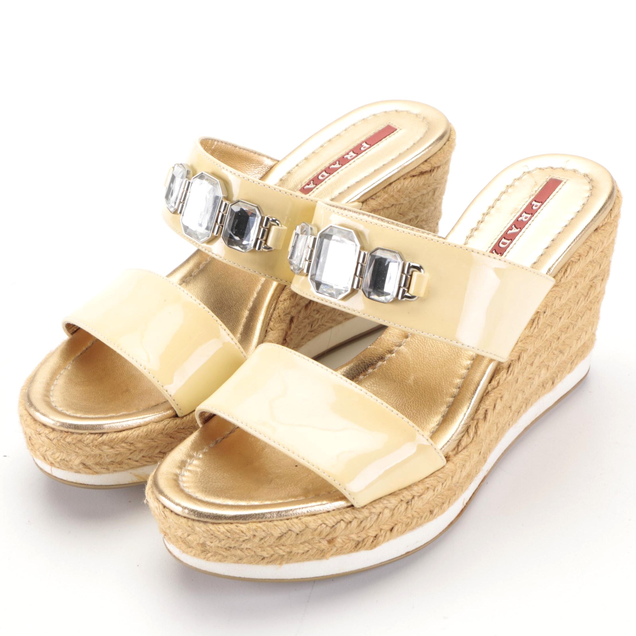 Prada Sport Platform Wedges in Embellished Patent Leather