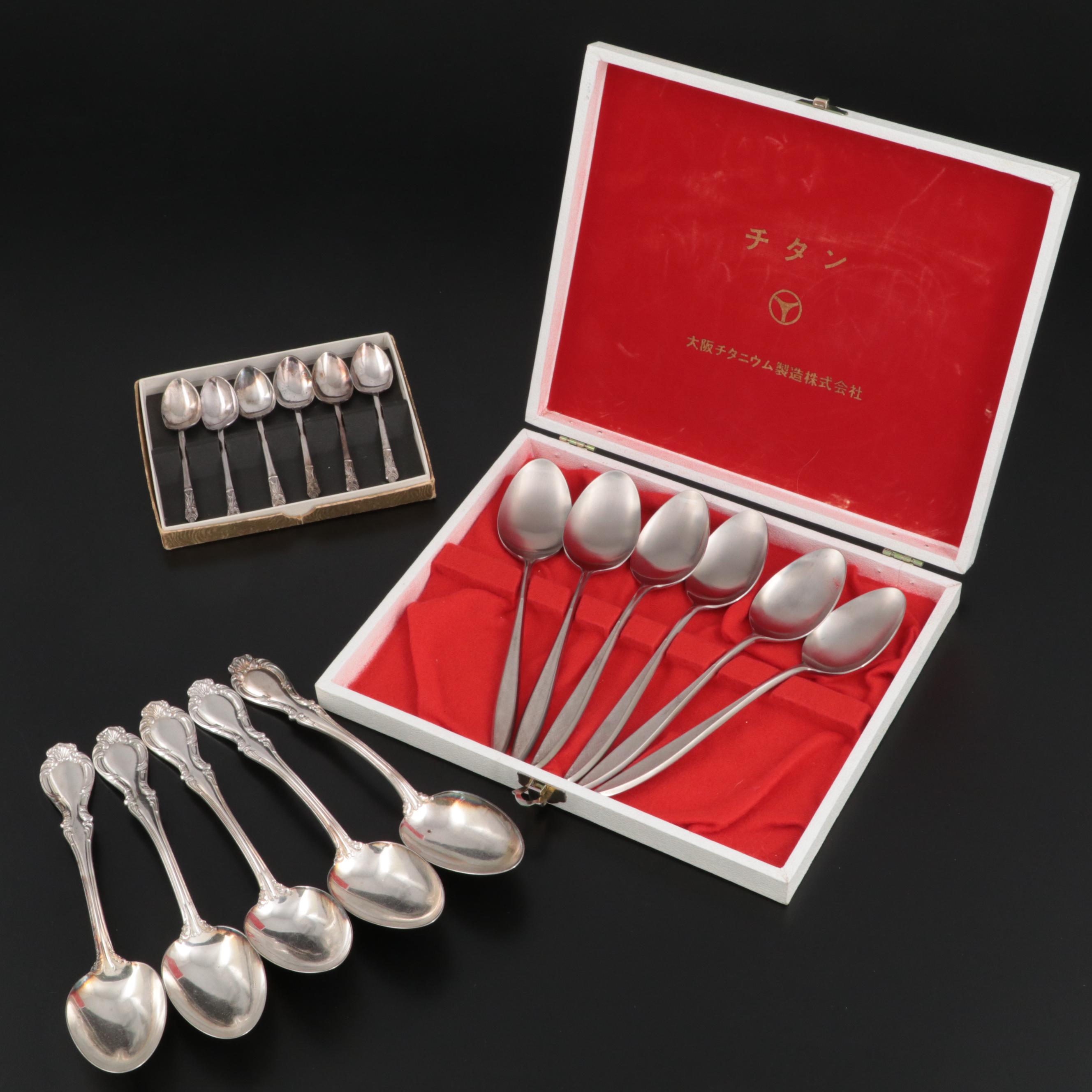 Wallace "Joan" and Other Silver Plate Spoons with Osaka Titanium Co. Spoon Set