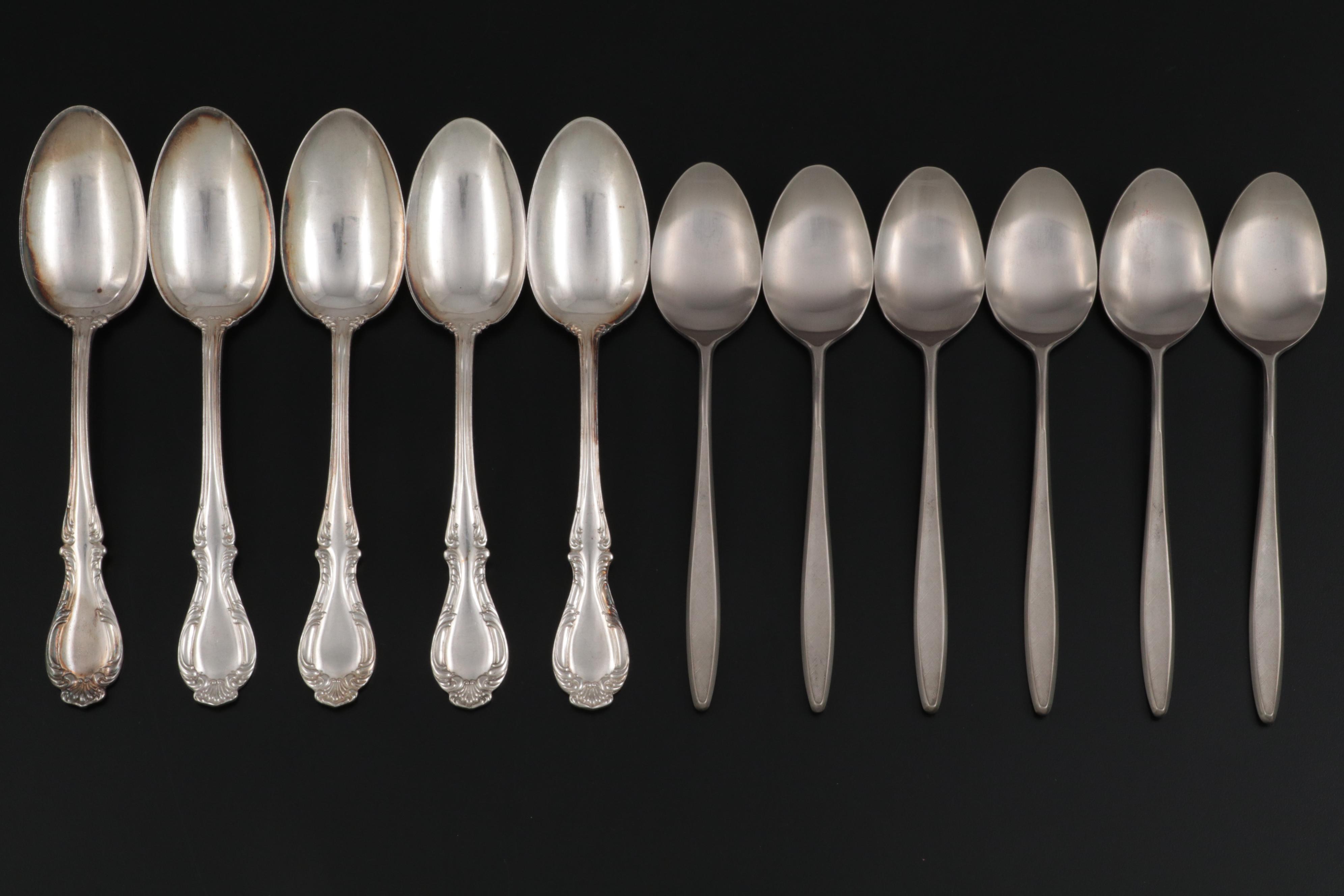 Wallace "Joan" and Other Silver Plate Spoons with Osaka Titanium Co. Spoon Set