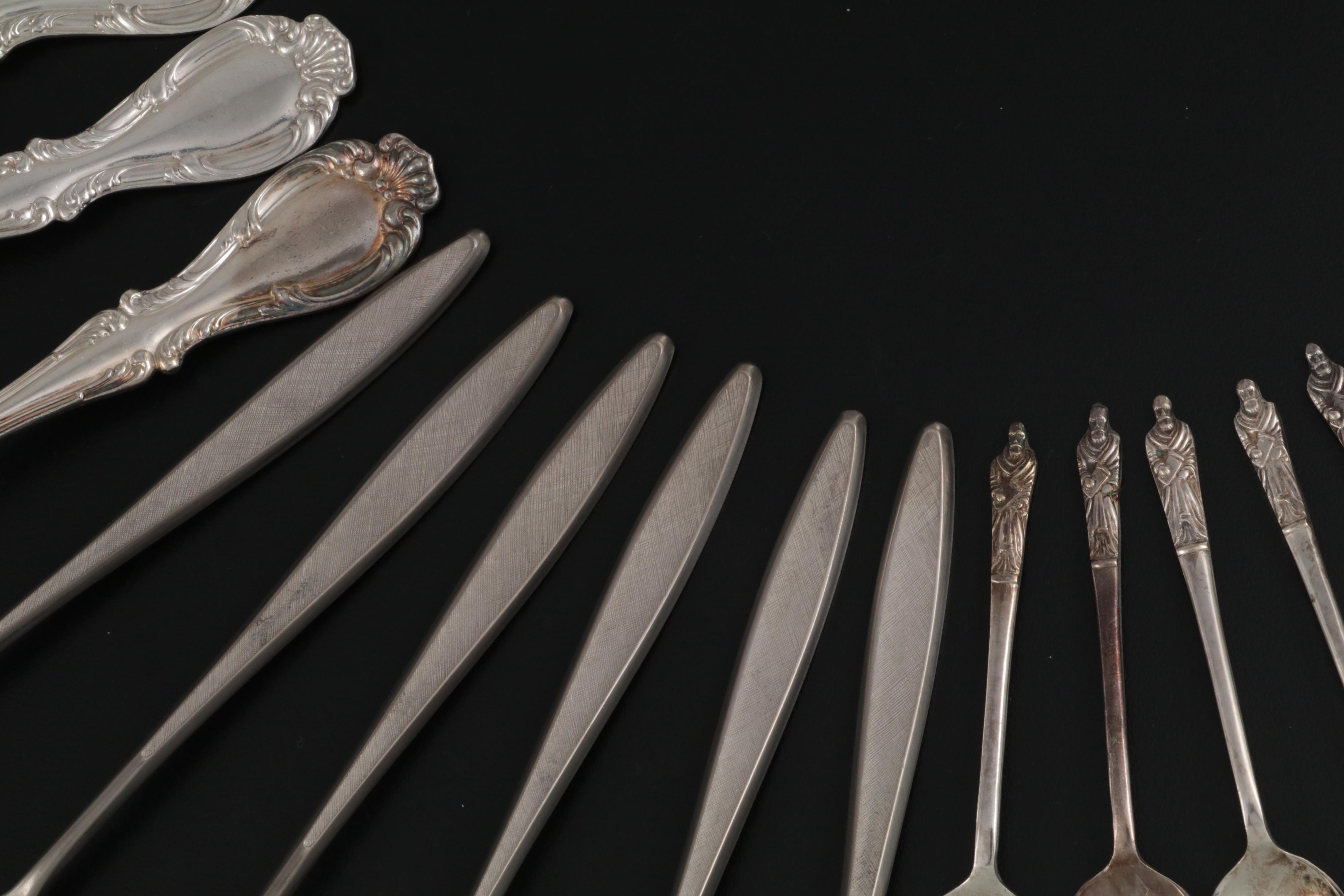 Wallace "Joan" and Other Silver Plate Spoons with Osaka Titanium Co. Spoon Set