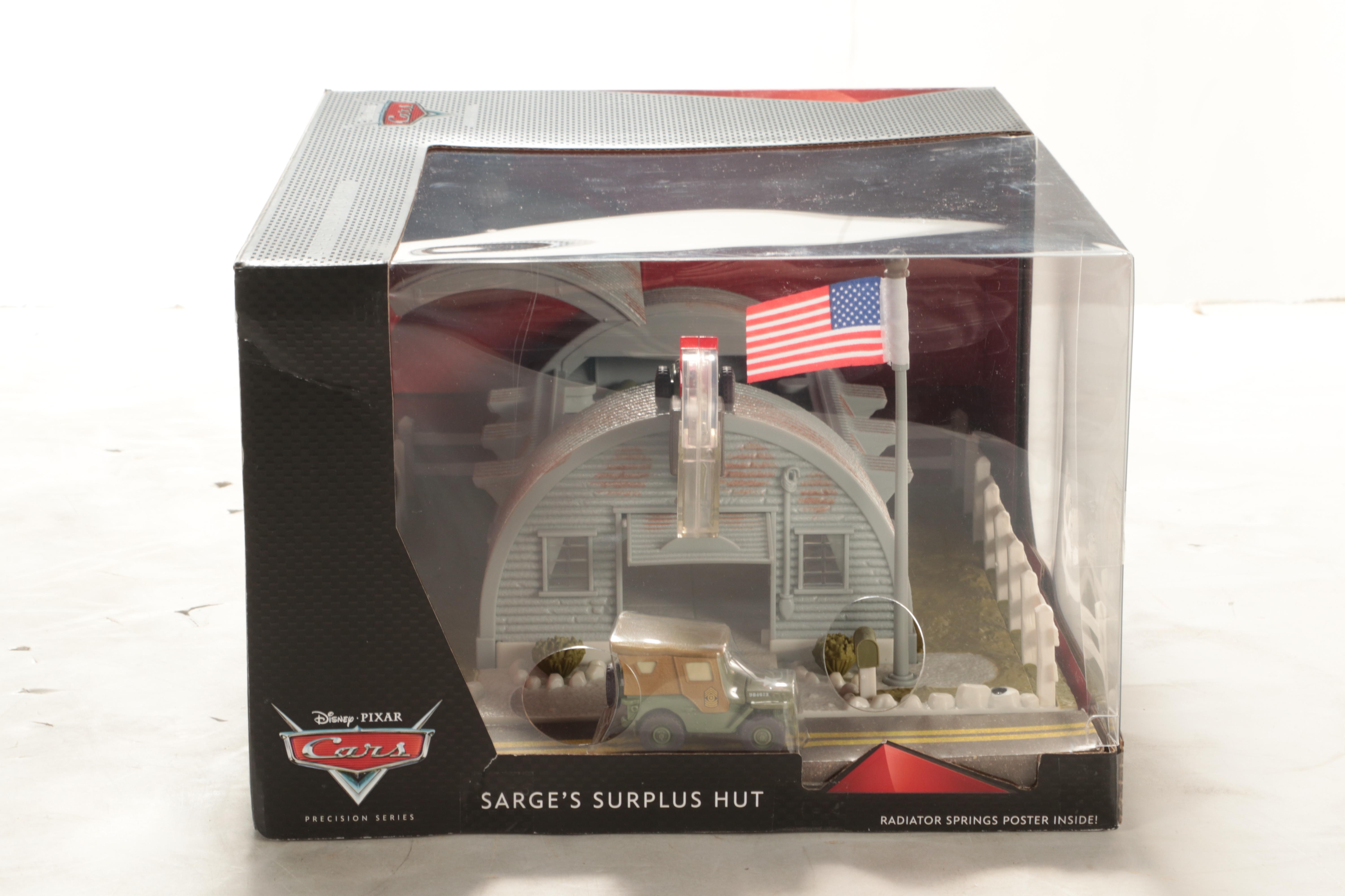 Mattel "Cars" Movie 1:64 Scale Cars and Sarge's Surplus Hut Diorama