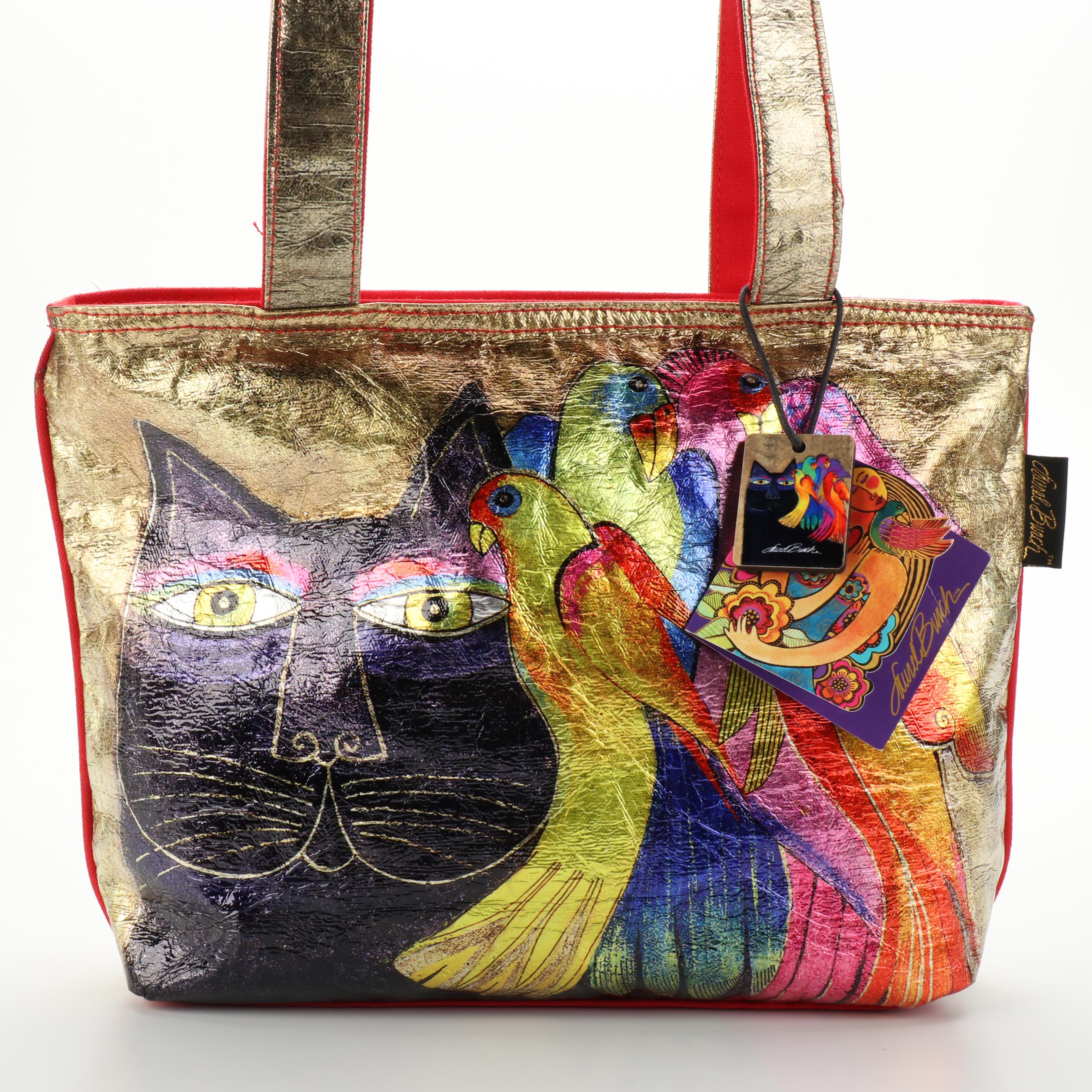 Laurel Burch Metallic Cat Motif Canvas Tote Bag and Decoupage Frame Bag