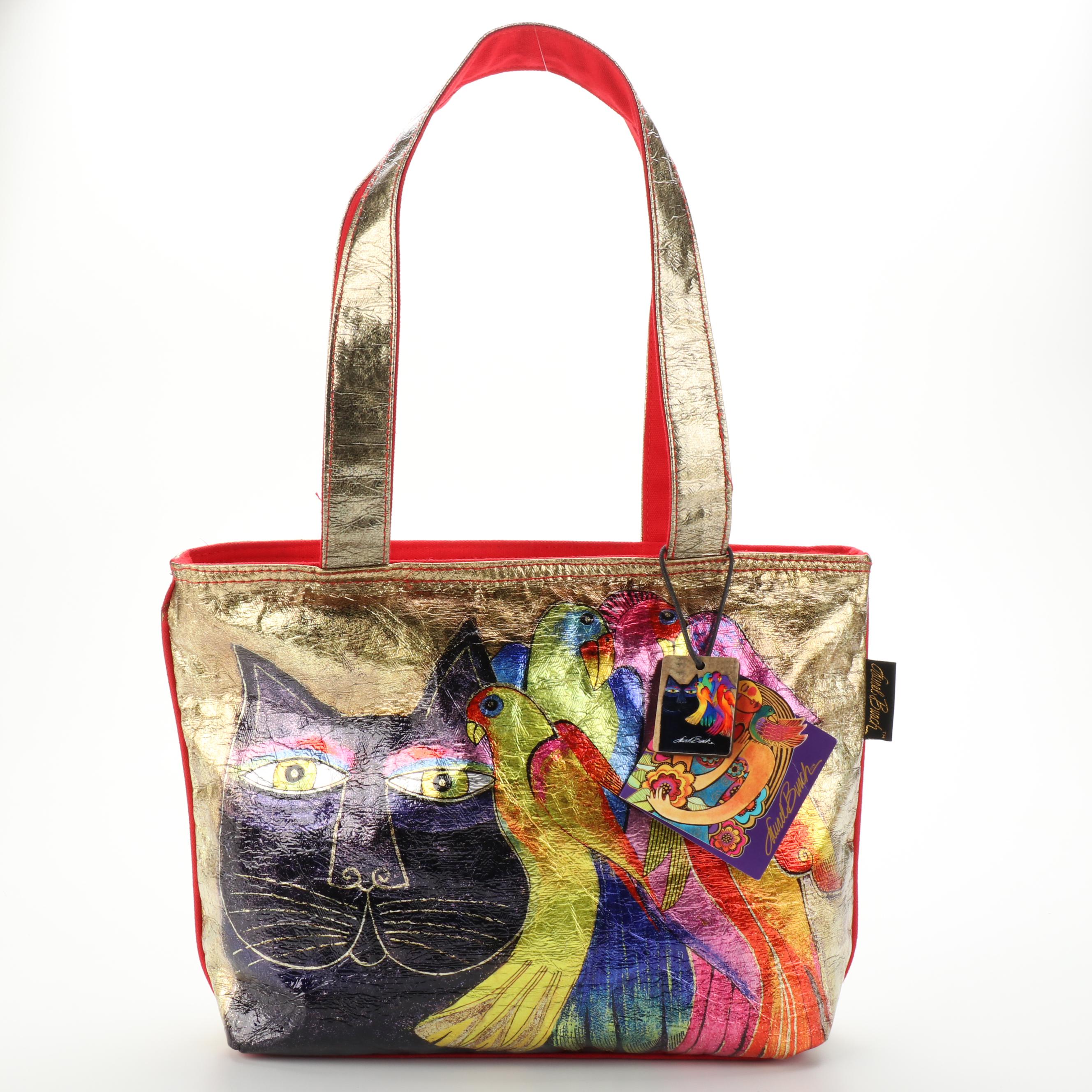 Laurel Burch Metallic Cat Motif Canvas Tote Bag and Decoupage Frame Bag