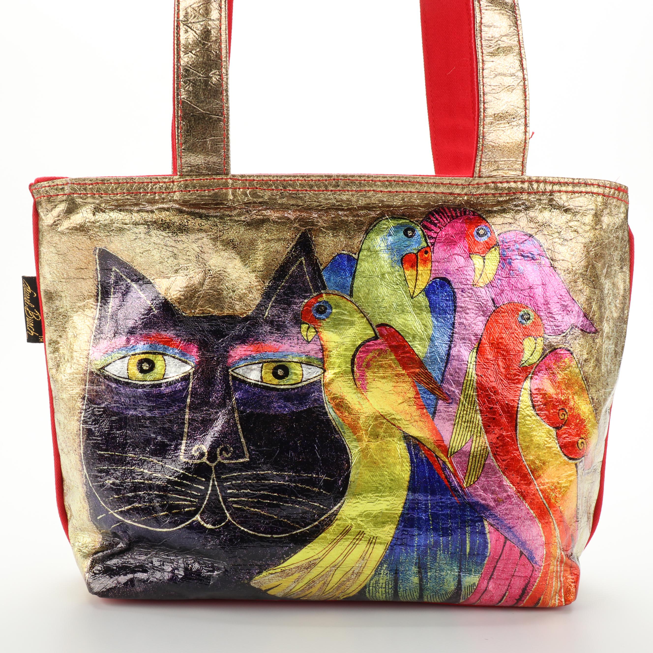 Laurel Burch Metallic Cat Motif Canvas Tote Bag and Decoupage Frame Bag