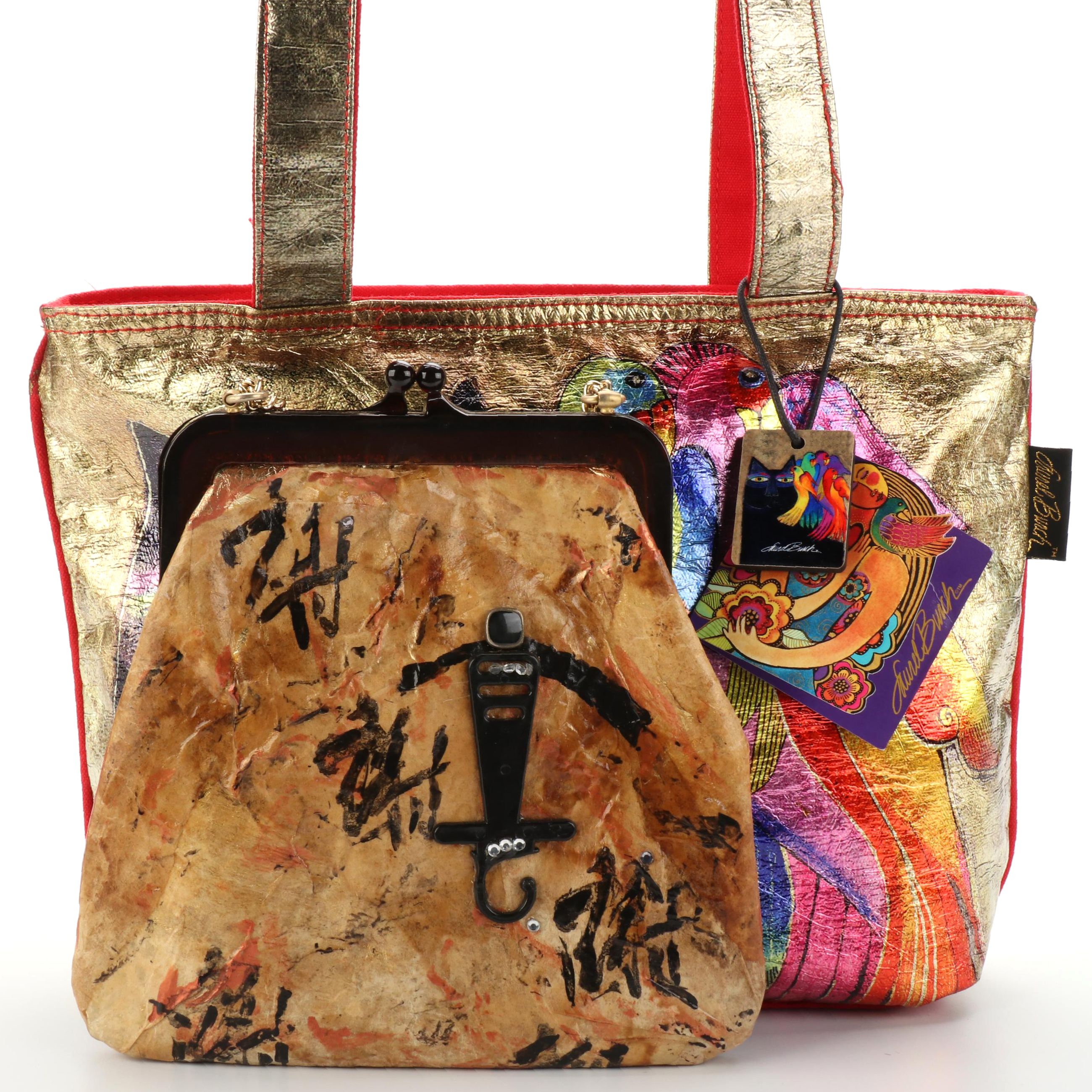 Laurel Burch Metallic Cat Motif Canvas Tote Bag and Decoupage Frame Bag
