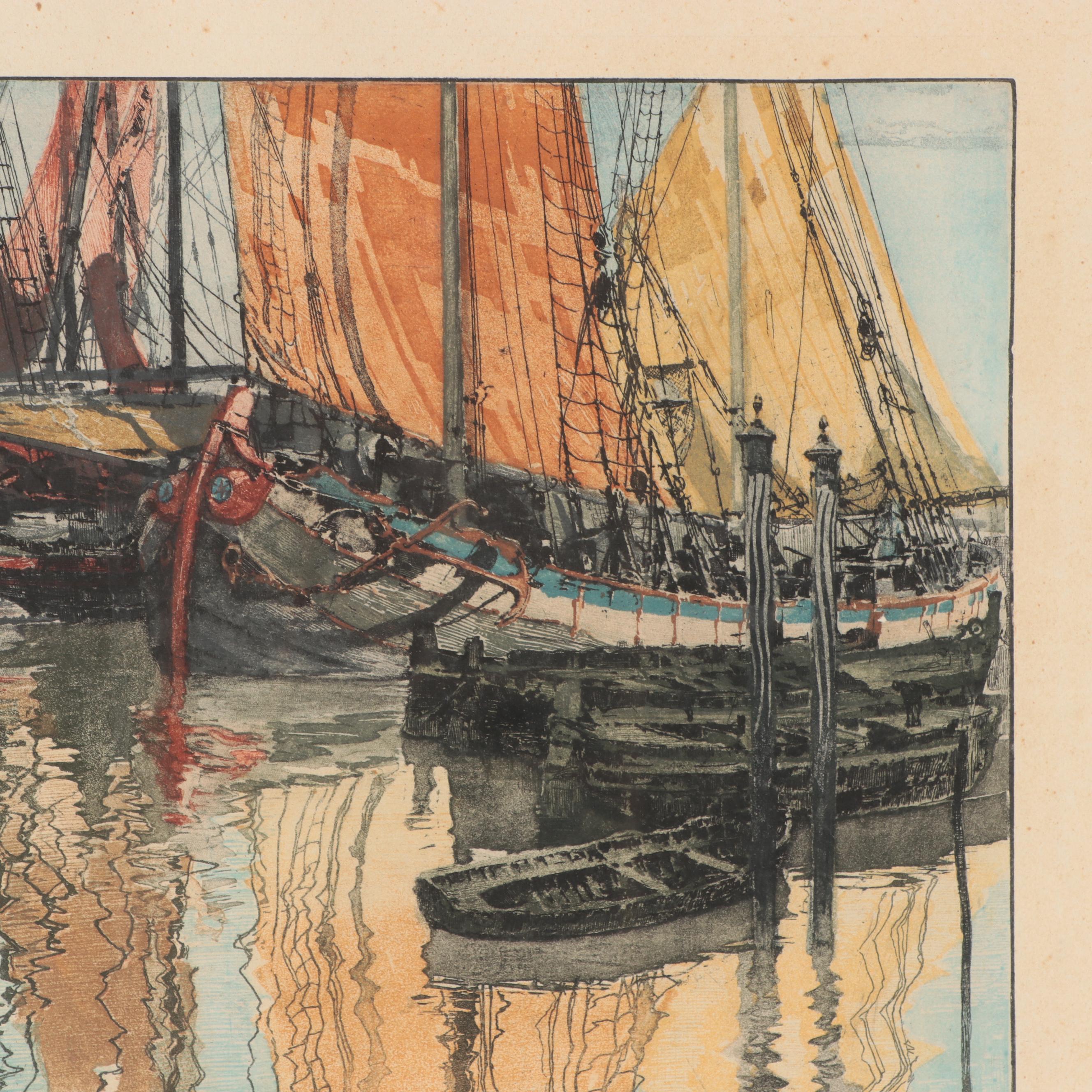 Franz Xaver Wolf Color Etching of Venice Harbor Scene