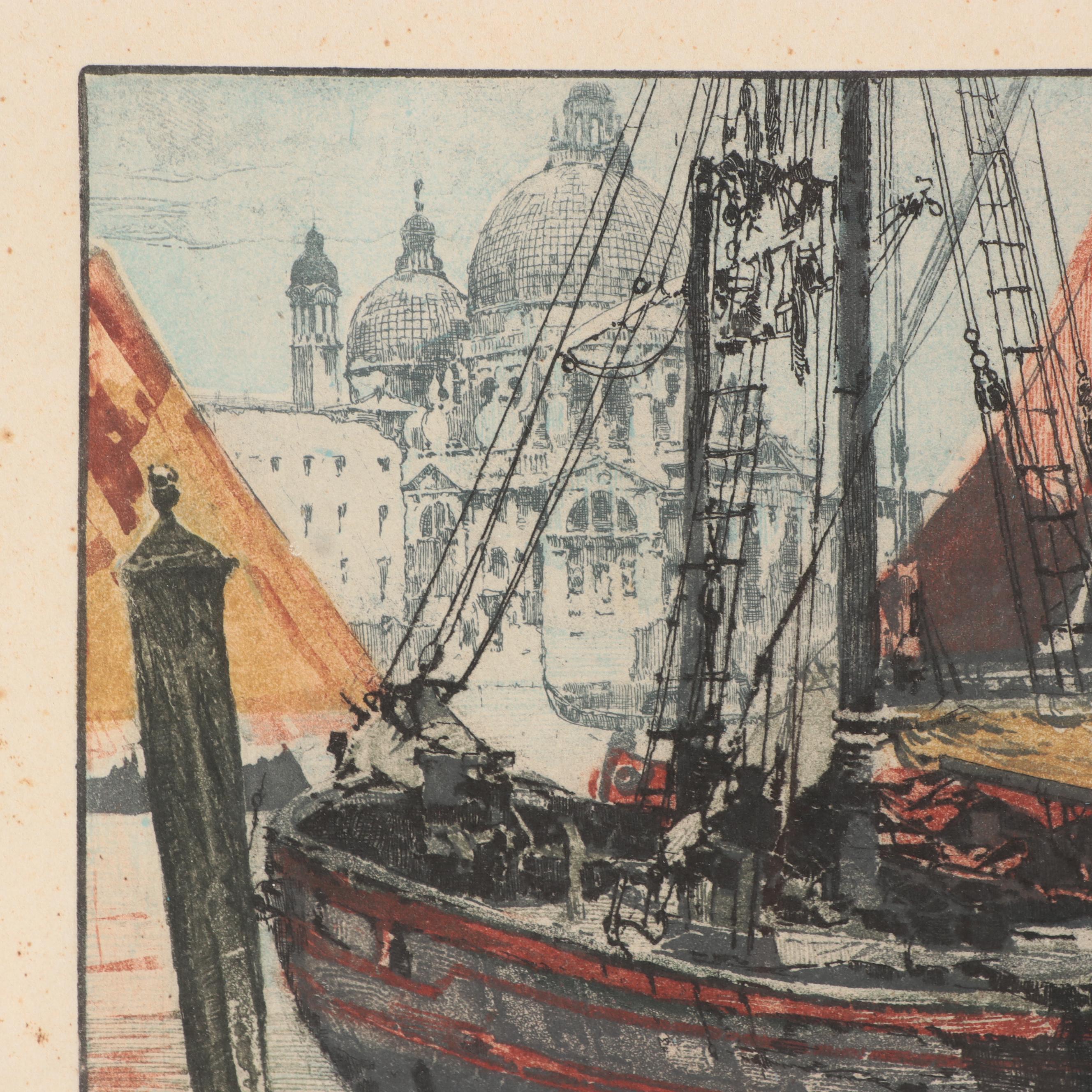 Franz Xaver Wolf Color Etching of Venice Harbor Scene