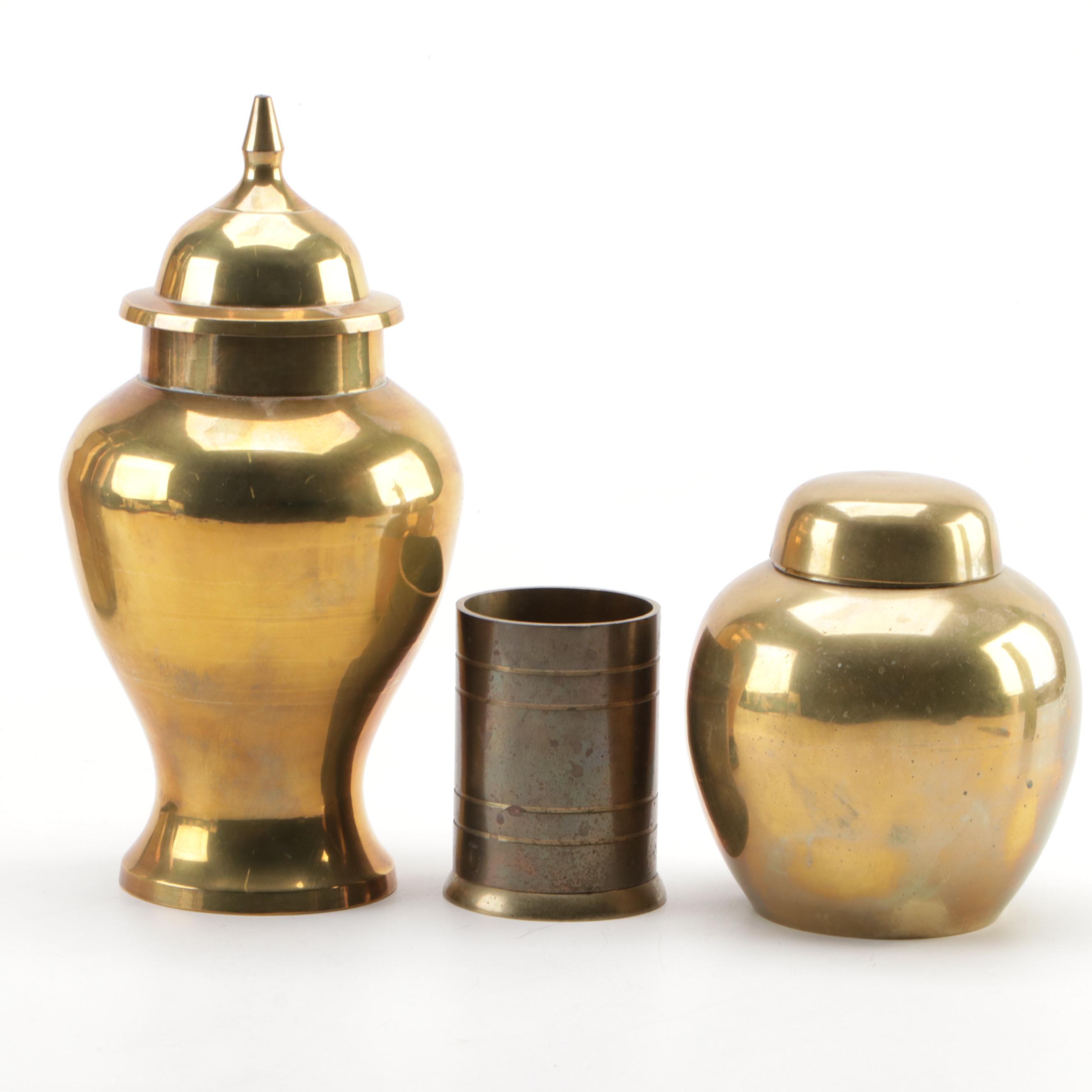 Turkish Brass Spice Grinder with Brass Tea Caddy, Ginger Jars and Cup