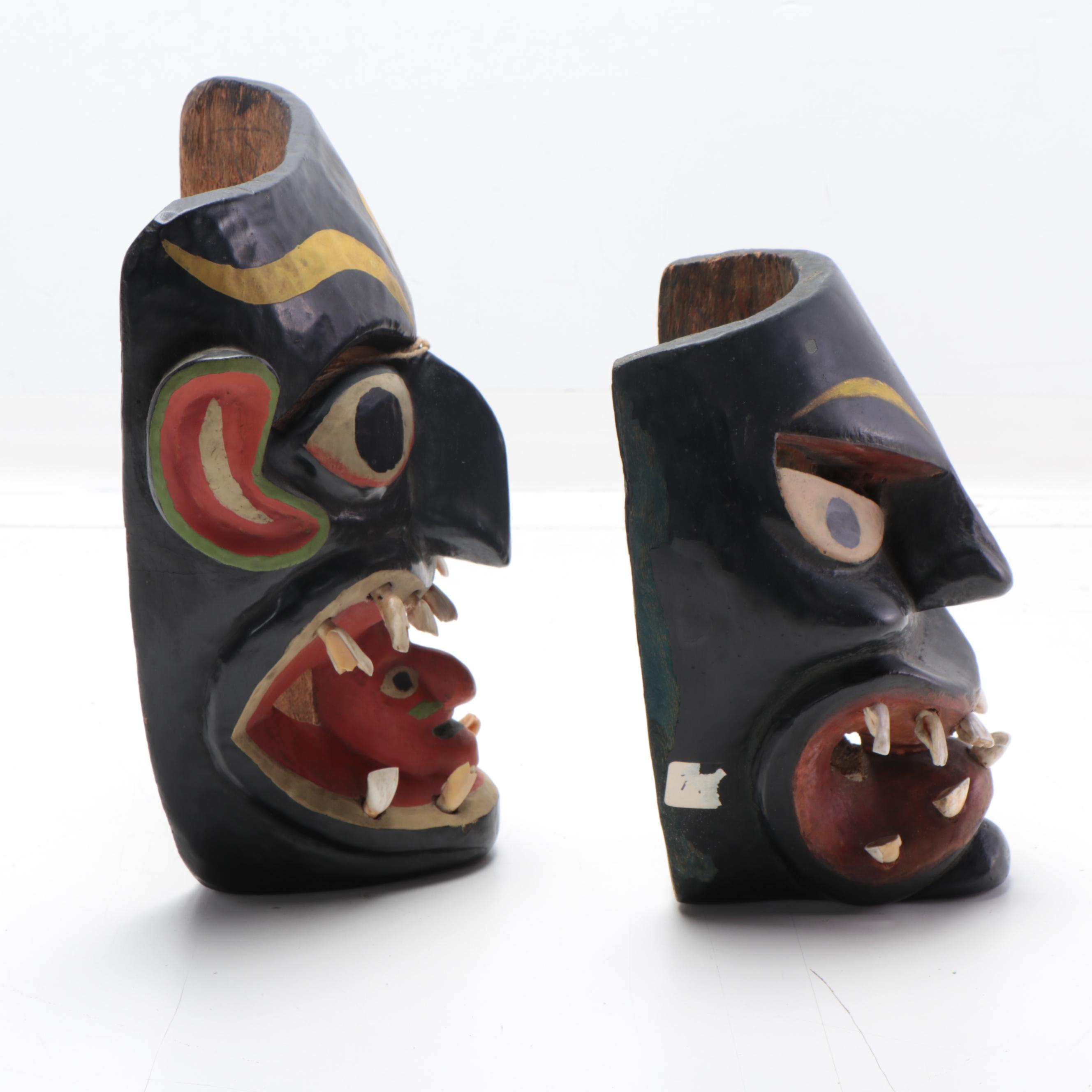 Mexican Folk Art Hand-Painted Wood Mask with Cow Teeth