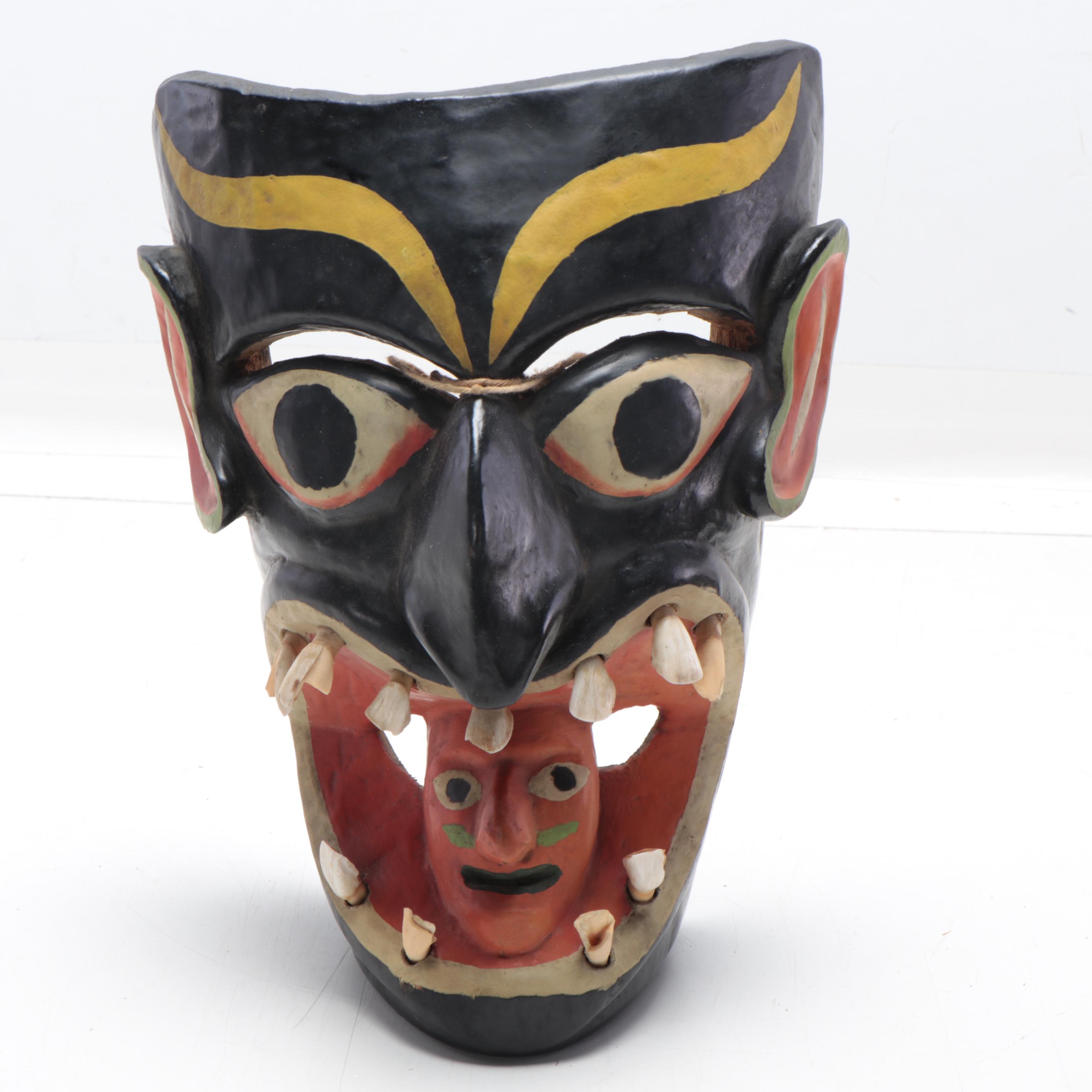 Mexican Folk Art Hand-Painted Wood Mask with Cow Teeth