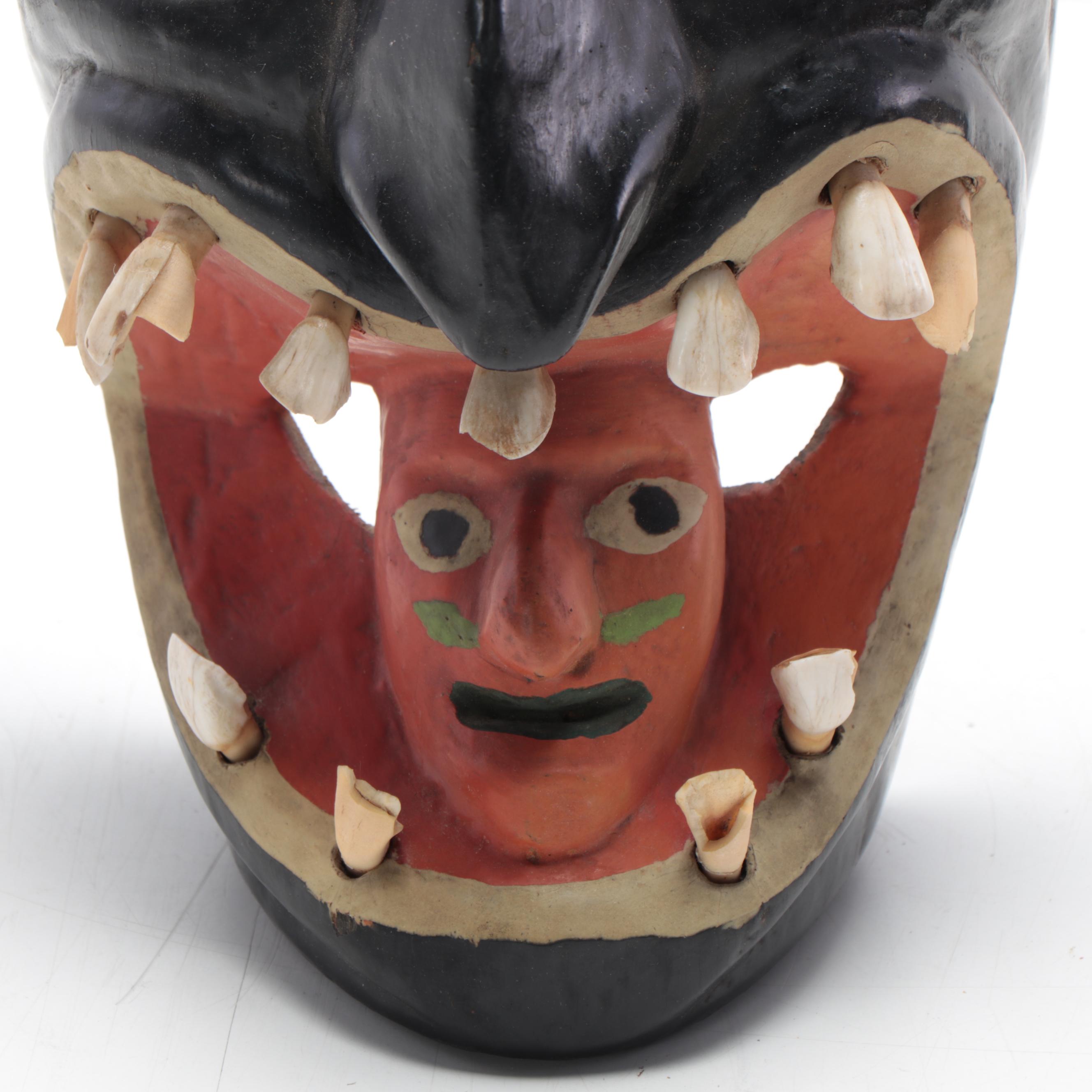 Mexican Folk Art Hand-Painted Wood Mask with Cow Teeth