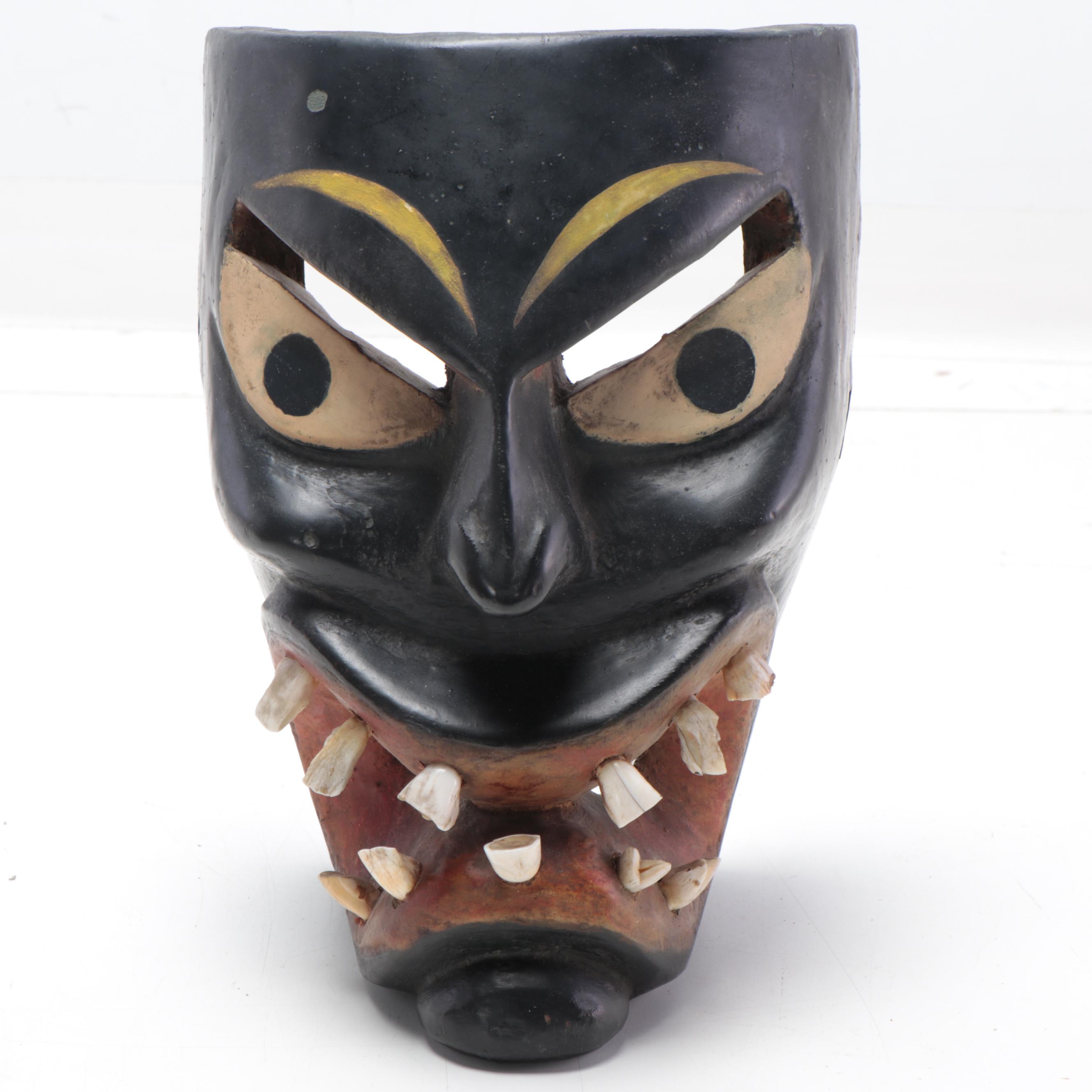 Mexican Folk Art Hand-Painted Wood Mask with Cow Teeth