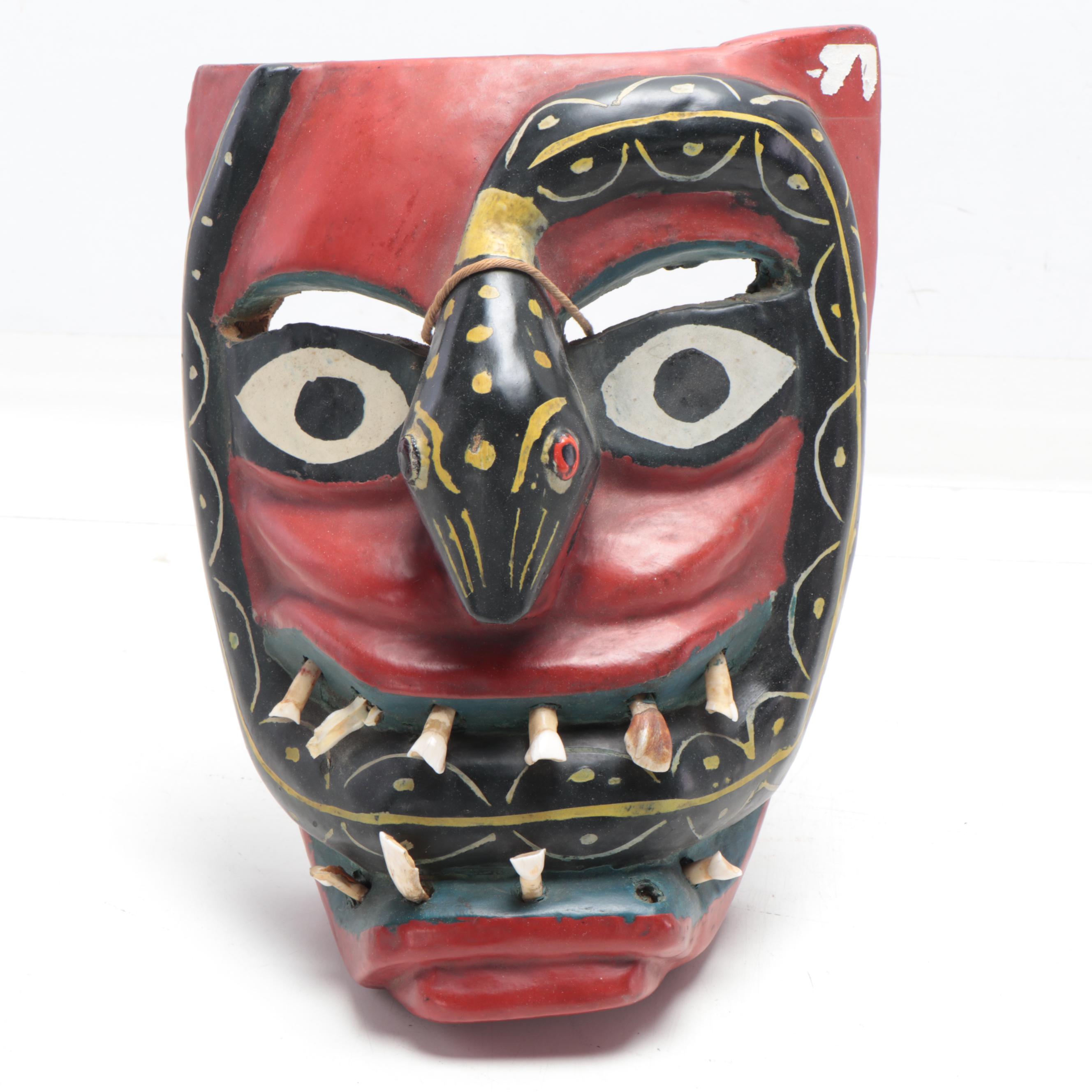 Mexican Folk Art Wood Masks With Cow Teeth, 20th Century