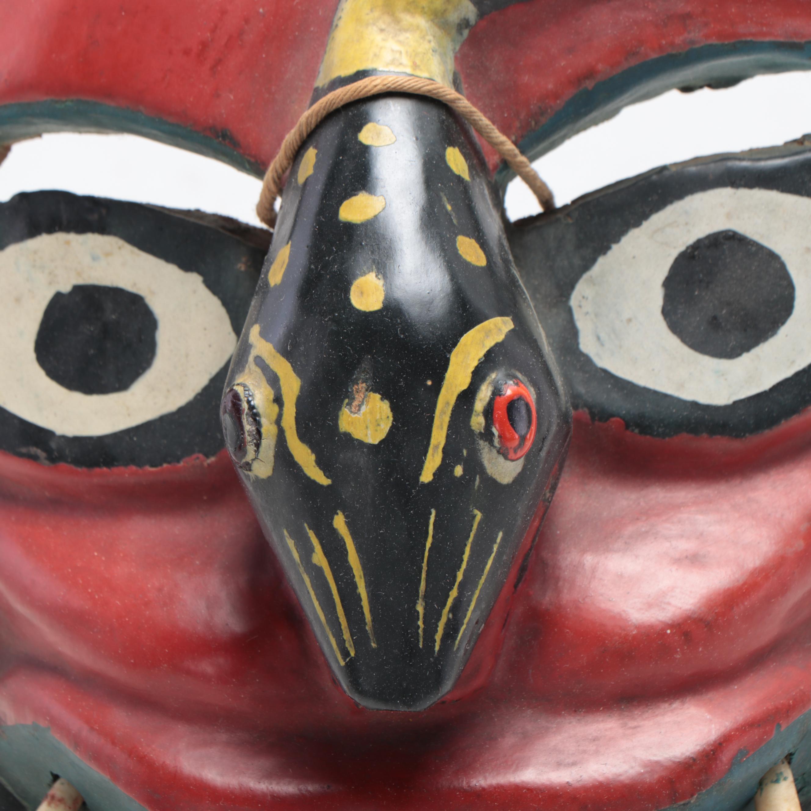 Mexican Folk Art Wood Masks With Cow Teeth, 20th Century