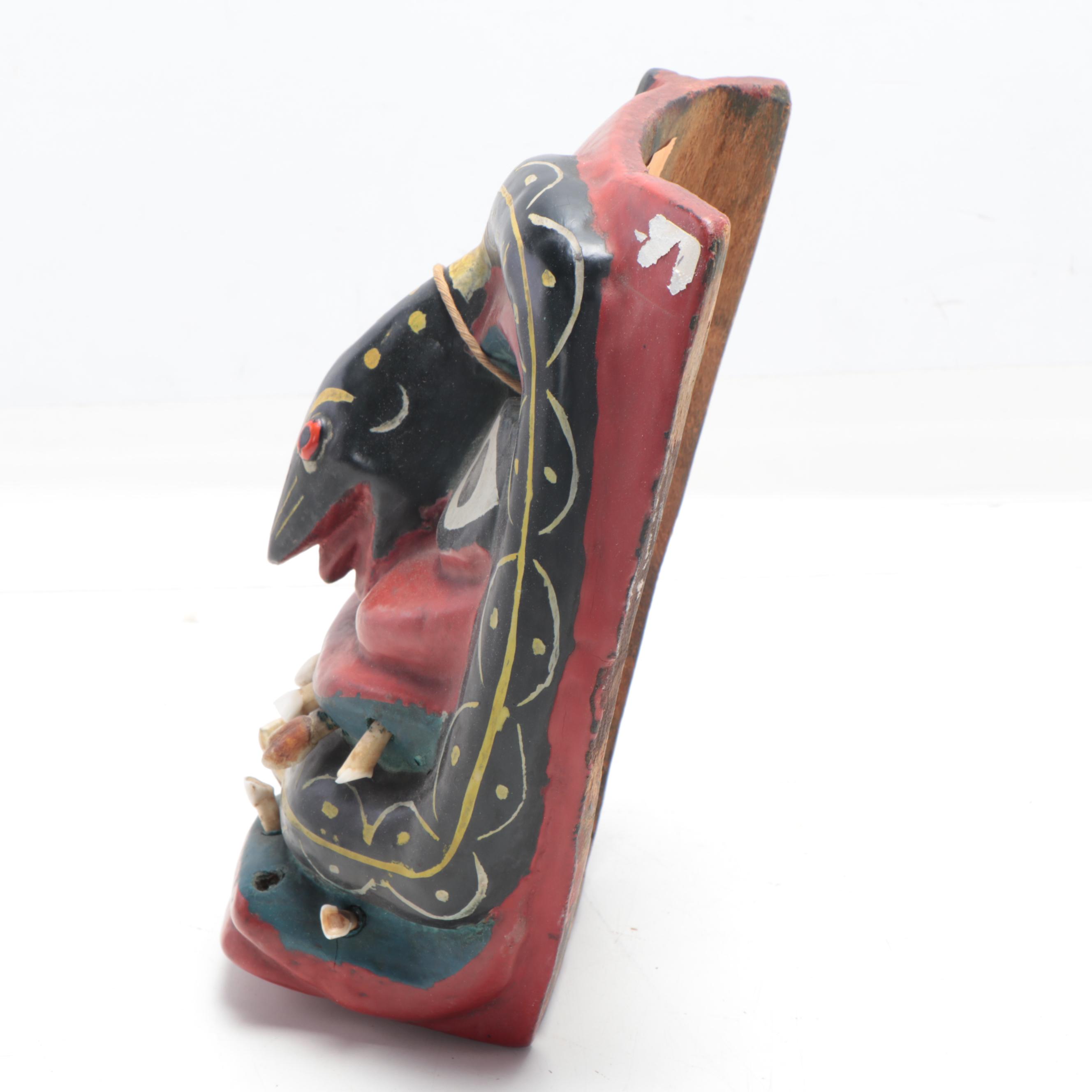 Mexican Folk Art Wood Masks With Cow Teeth, 20th Century