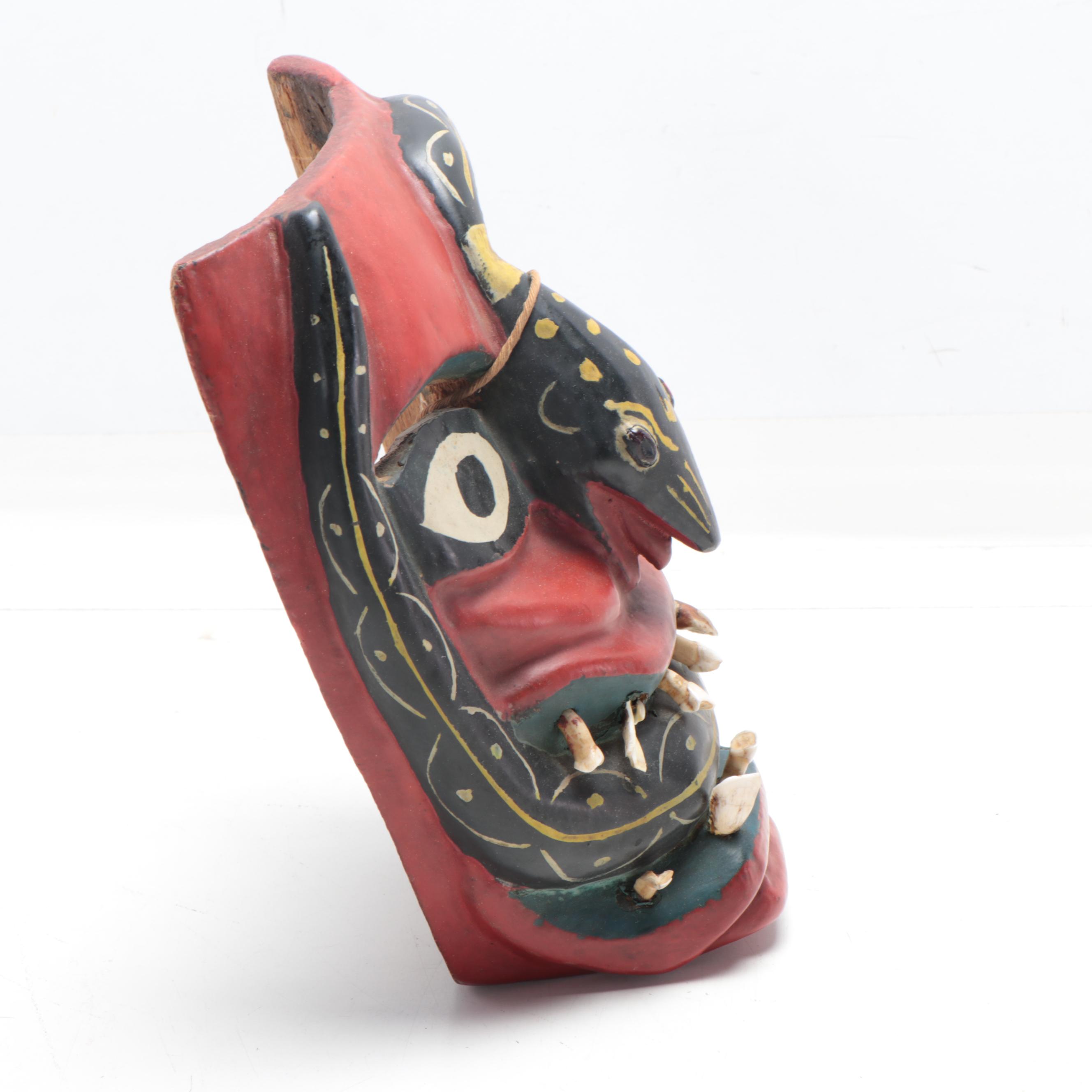 Mexican Folk Art Wood Masks With Cow Teeth, 20th Century