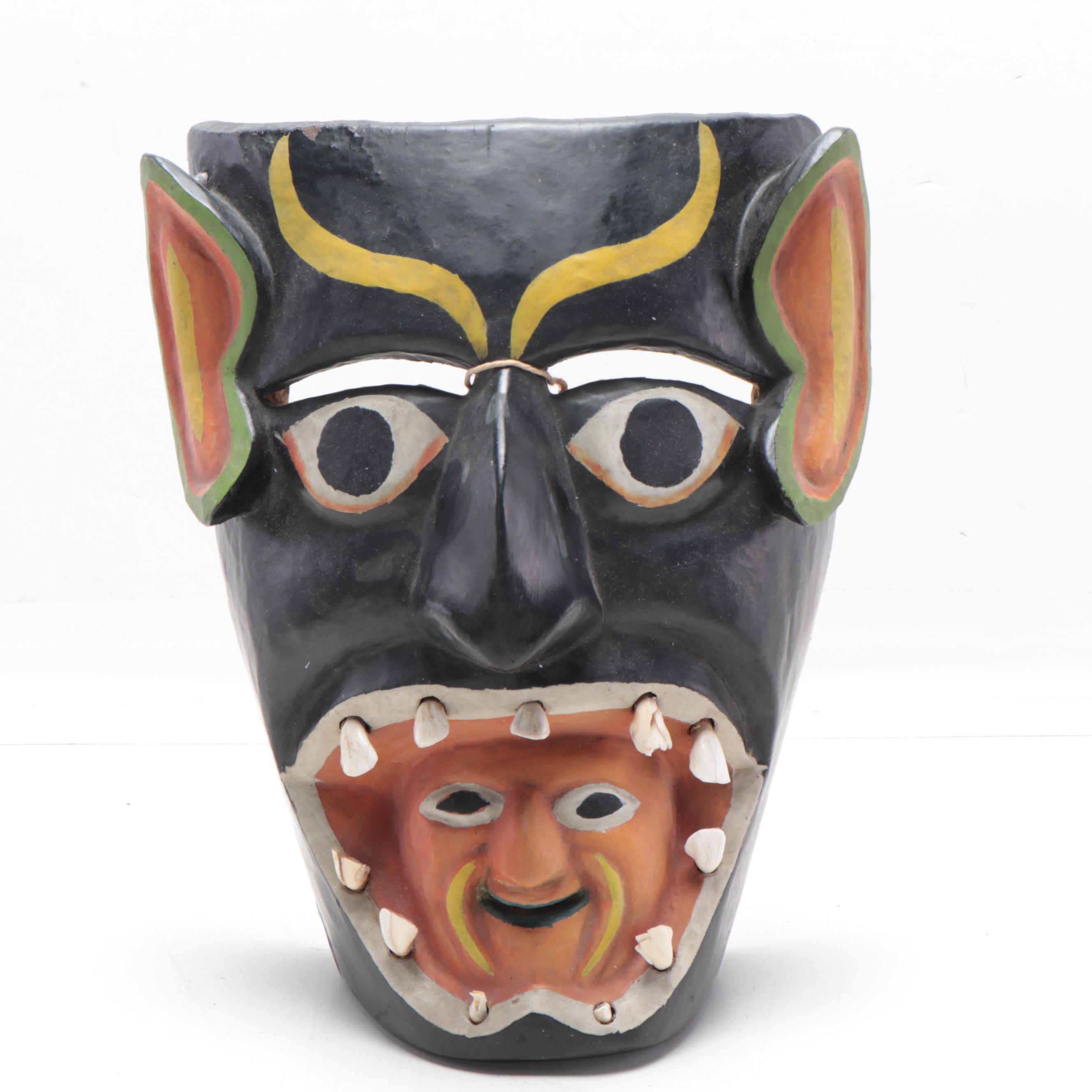 Mexican Folk Art Wood Masks With Cow Teeth, 20th Century