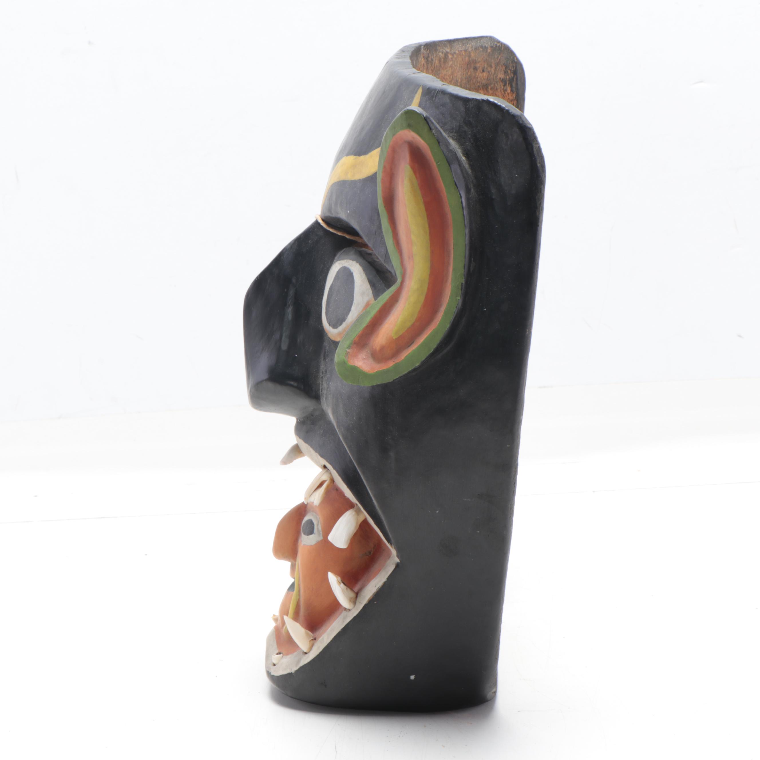 Mexican Folk Art Wood Masks With Cow Teeth, 20th Century