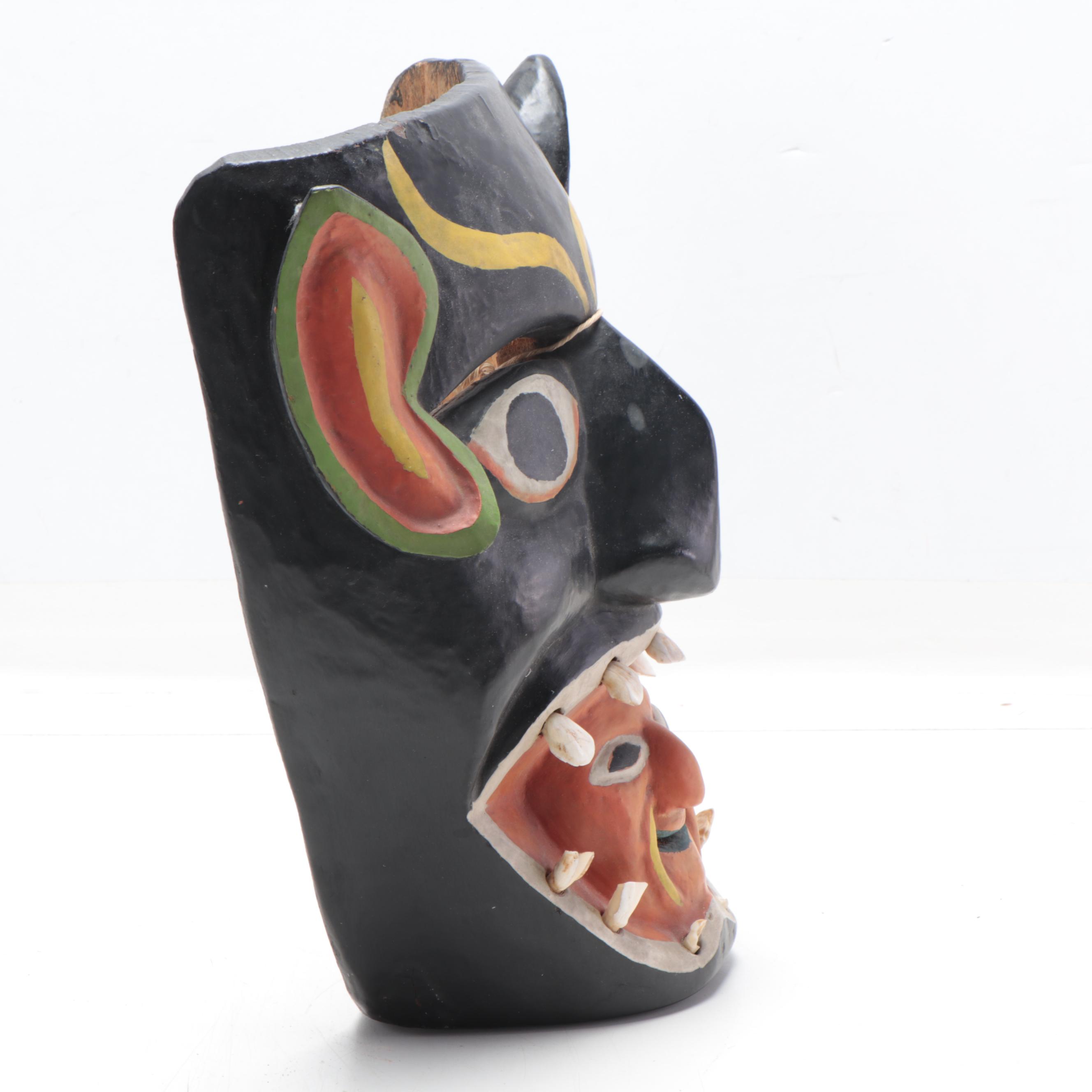 Mexican Folk Art Wood Masks With Cow Teeth, 20th Century