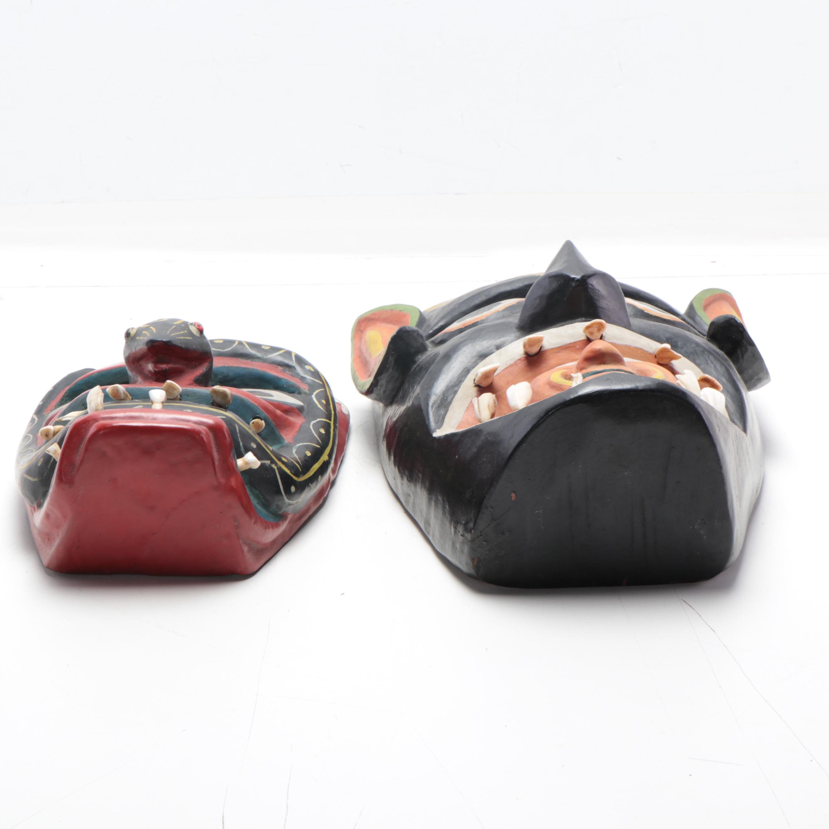 Mexican Folk Art Wood Masks With Cow Teeth, 20th Century